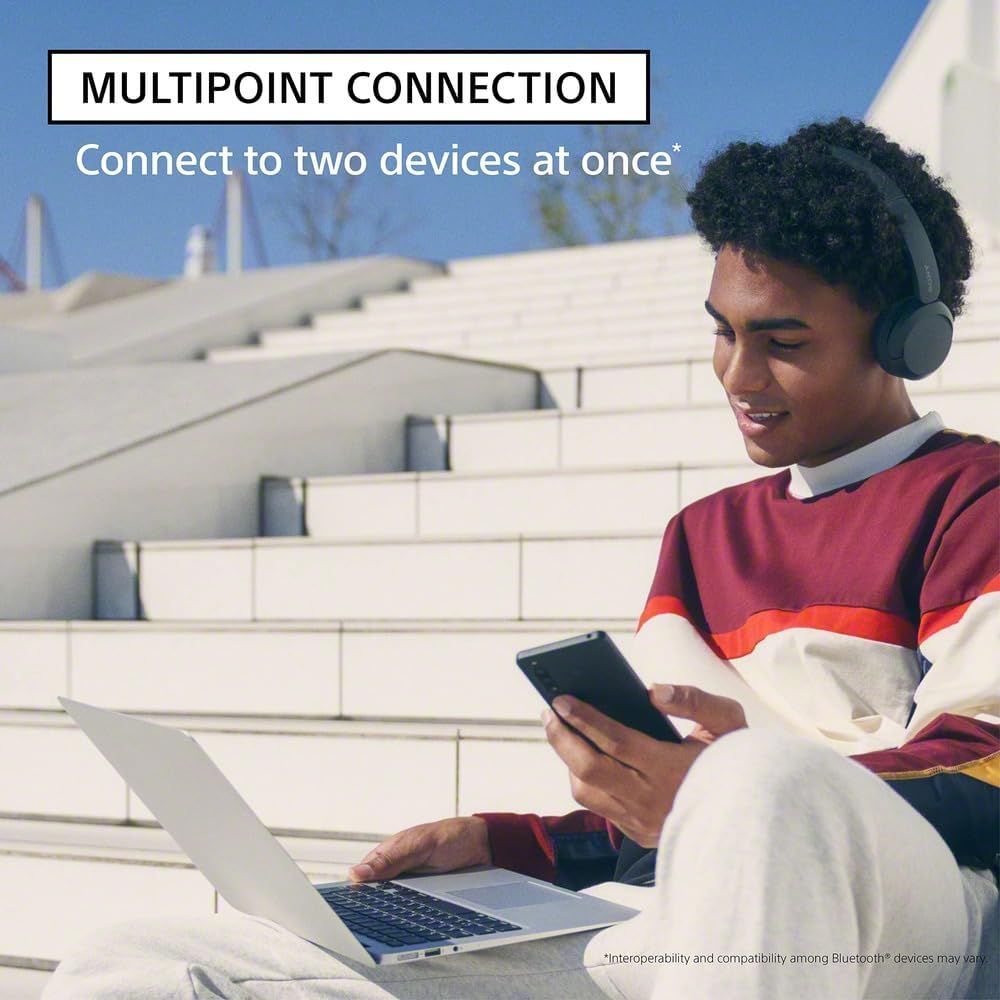 Communicates that the headphones can connect to two devices simultaneously, offering convenience for users who switch between phone and laptop.