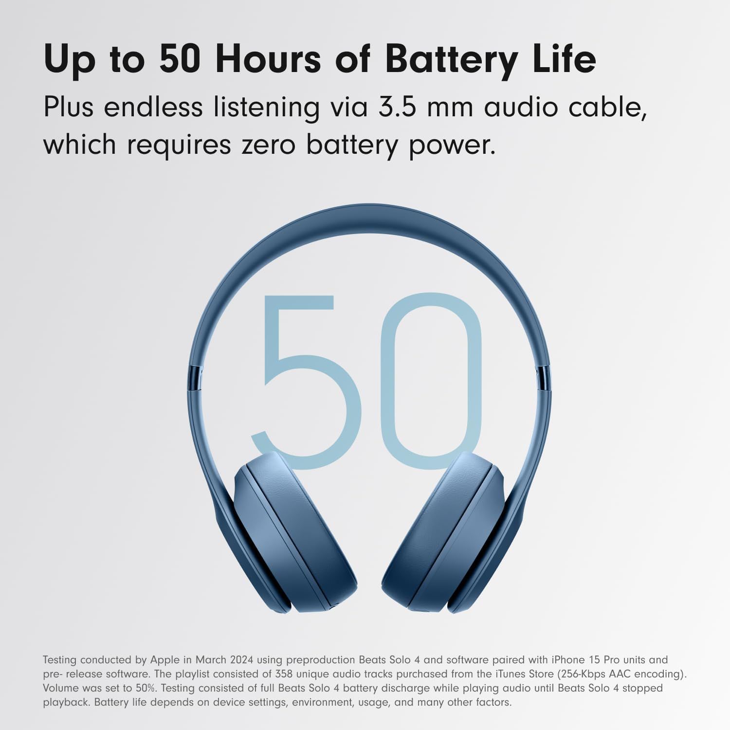 Communicates the impressive battery performance of the headphones, emphasizing long listening time to reassure shoppers about battery longevity and convenience. Highlights the key benefit of…