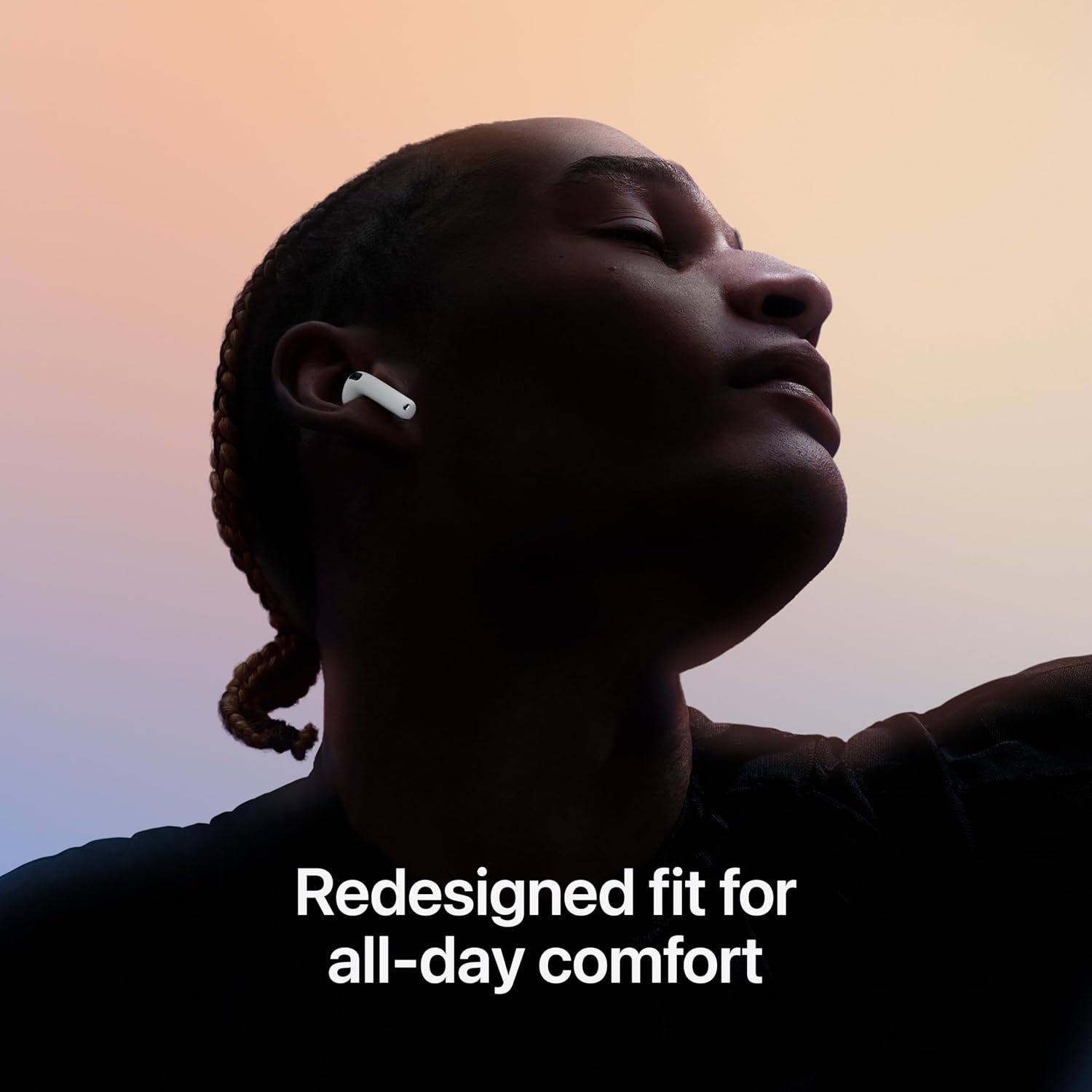 Communicates that the wireless earbuds have been redesigned for a comfortable, secure fit that can be worn all day long.
