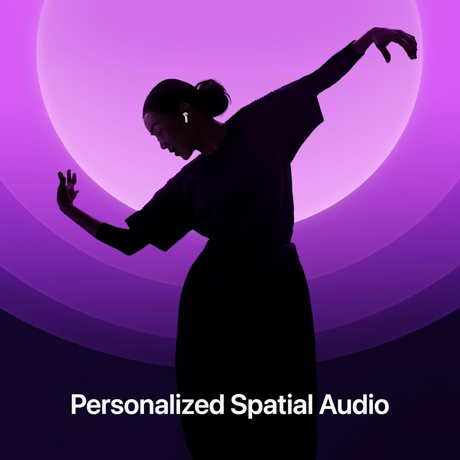 Highlights the personalized spatial audio feature to communicate an immersive, customized listening experience that adapts to the user.