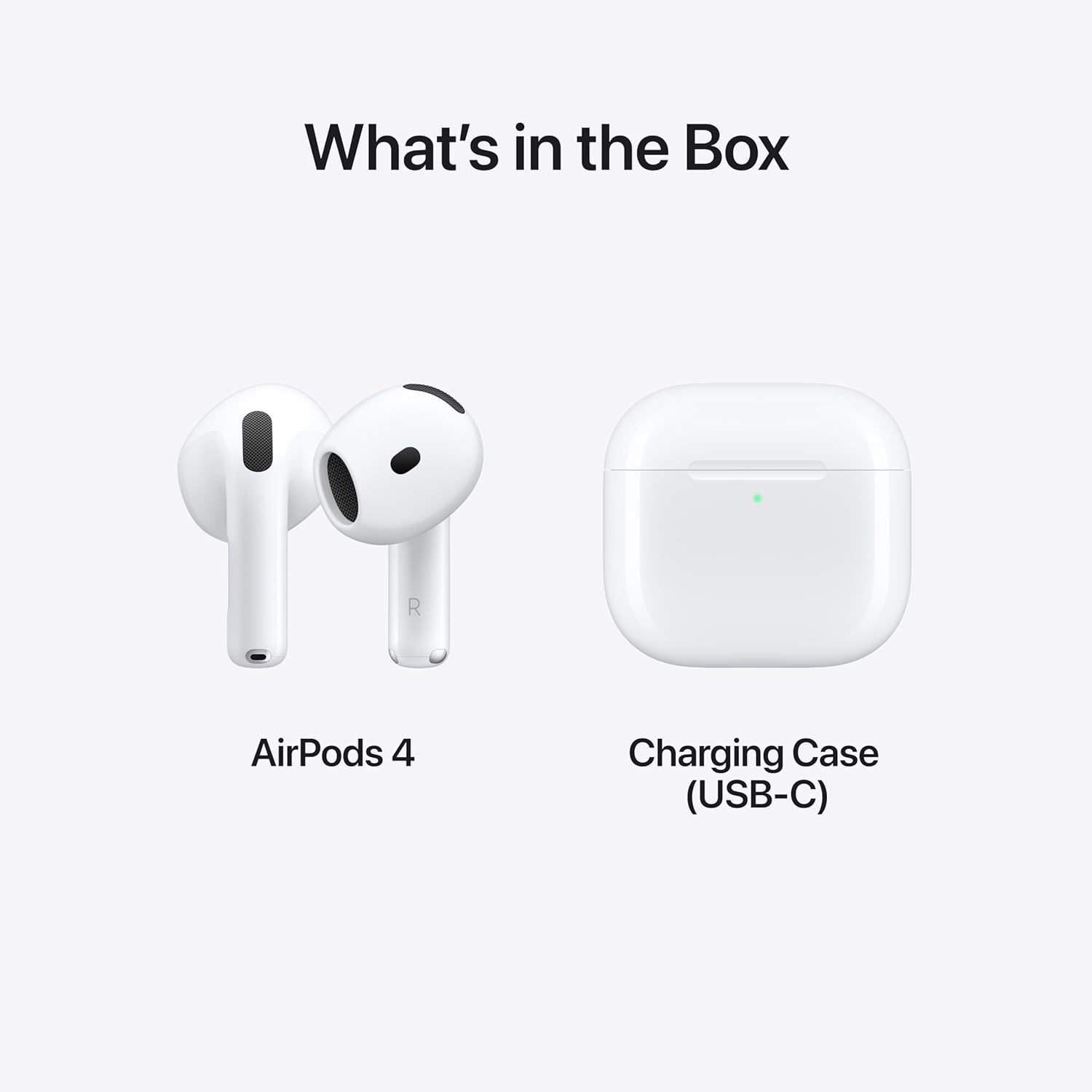 Shows the customer exactly what they will receive in the box: the AirPods 4 earbuds and the USB-C charging case, providing clarity and setting expectations for the purchase.