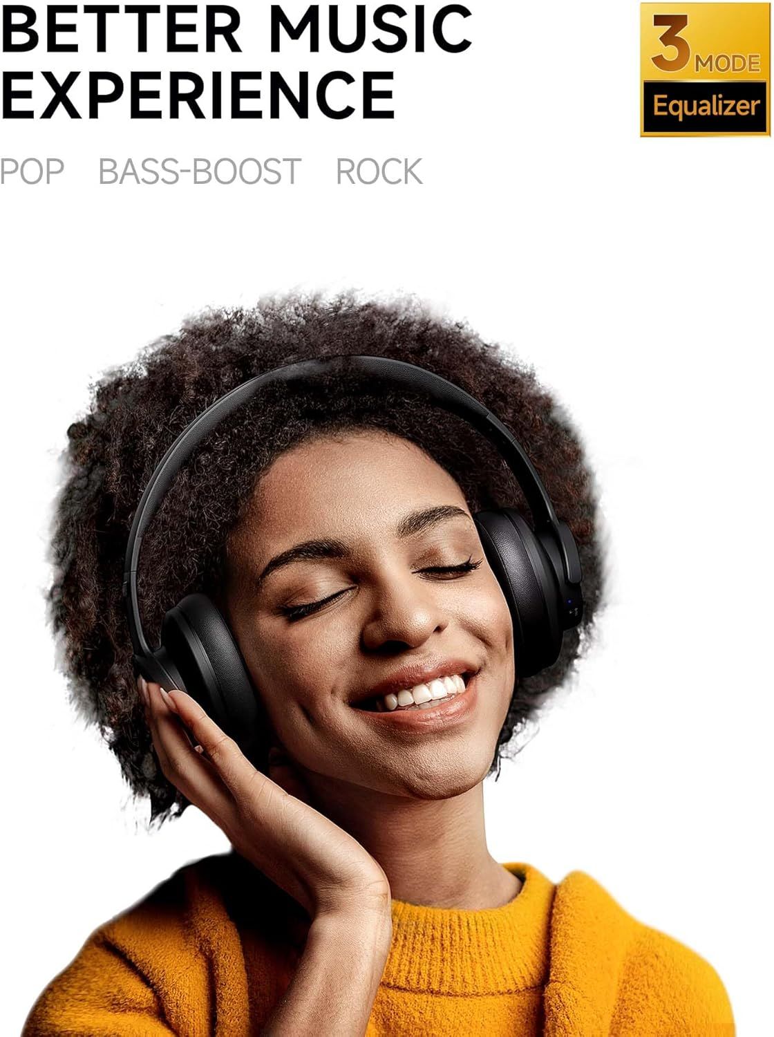 Communicates that the headphones offer a customizable listening experience with three equalizer modes (Pop, Bass-Boost, Rock) to enhance music quality and personalization.