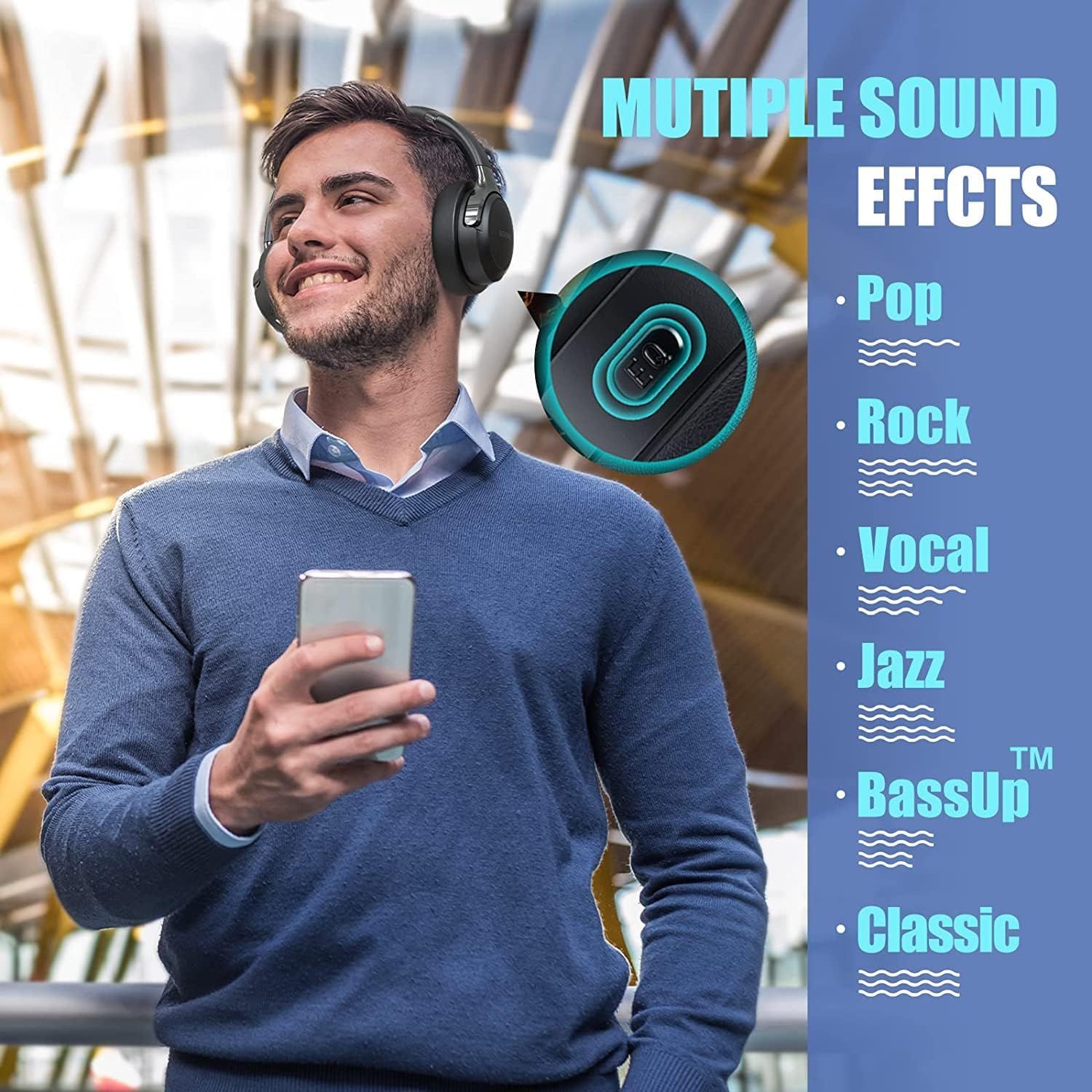Communicates the headphones' versatility by showcasing six distinct sound effect modes (Pop, Rock, Vocal, Jazz, BassUp, Classic) to appeal to shoppers seeking customizable audio experiences.