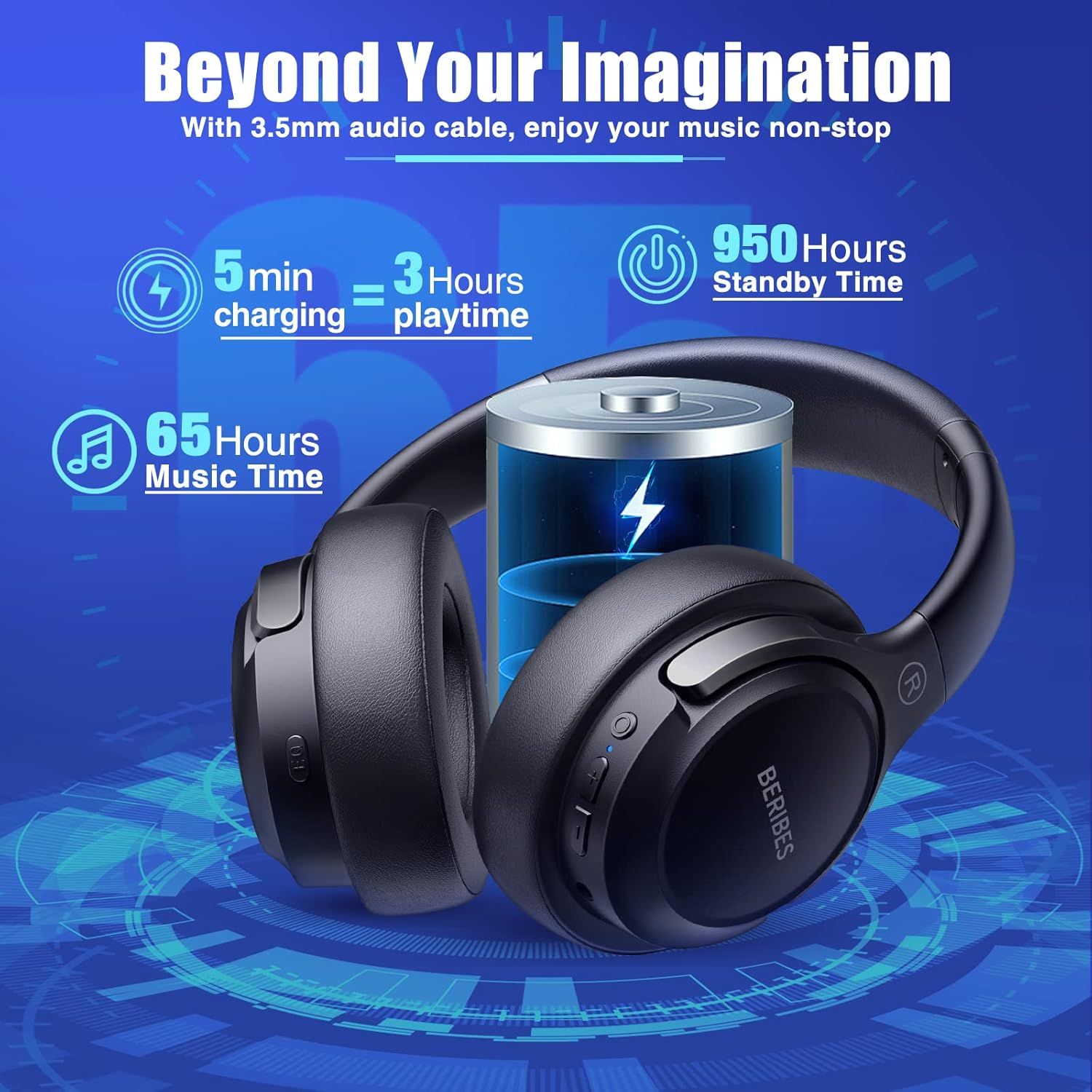 Communicates multiple battery performance benefits to reassure shoppers that the headphones offer exceptional battery life with fast charging, long playtime, extended standby, and wired audio option.