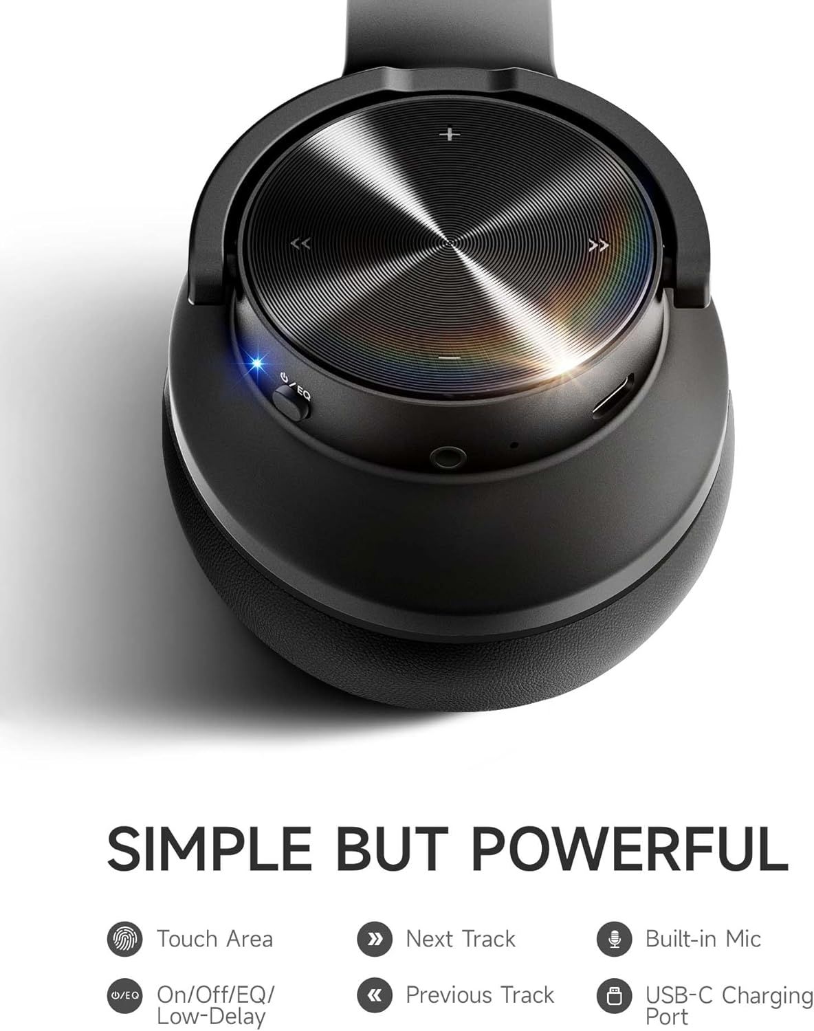 Breaks down the physical controls and features of the headphones to help shoppers understand the product's interface and functionality at a glance. Showcases multiple distinct features and benefits…