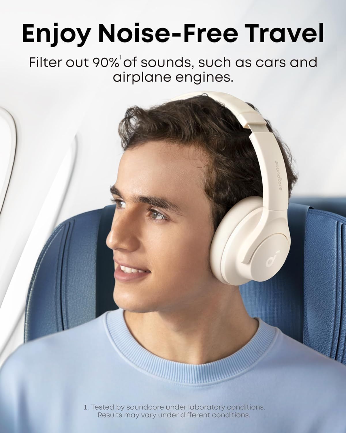 Communicates the quantifiable noise-canceling performance of the headphones to reassure shoppers that the product effectively blocks out travel noise. Highlights the primary benefit of peaceful,…