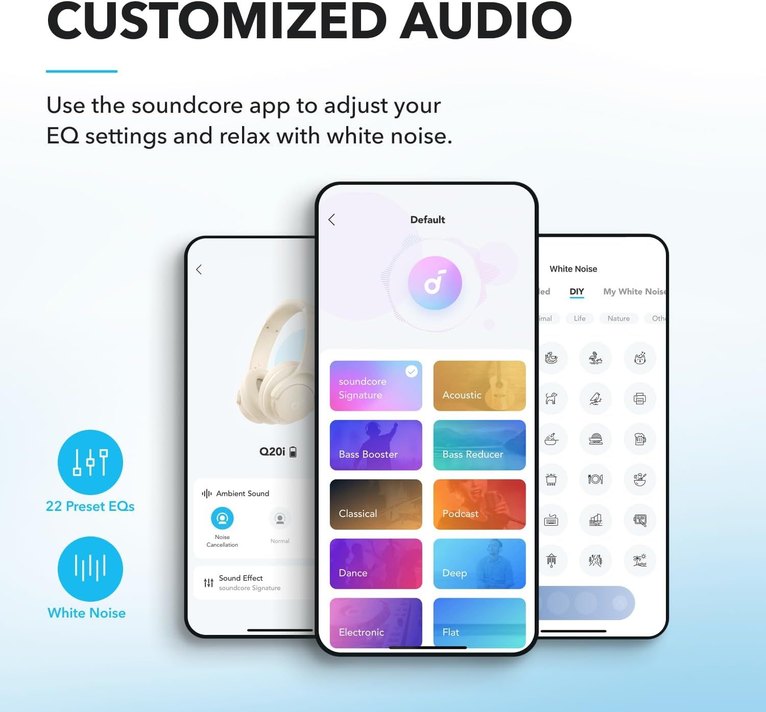 Communicates that the product offers customizable audio through an app with EQ presets and white noise options, reassuring shoppers they can personalize their listening experience.