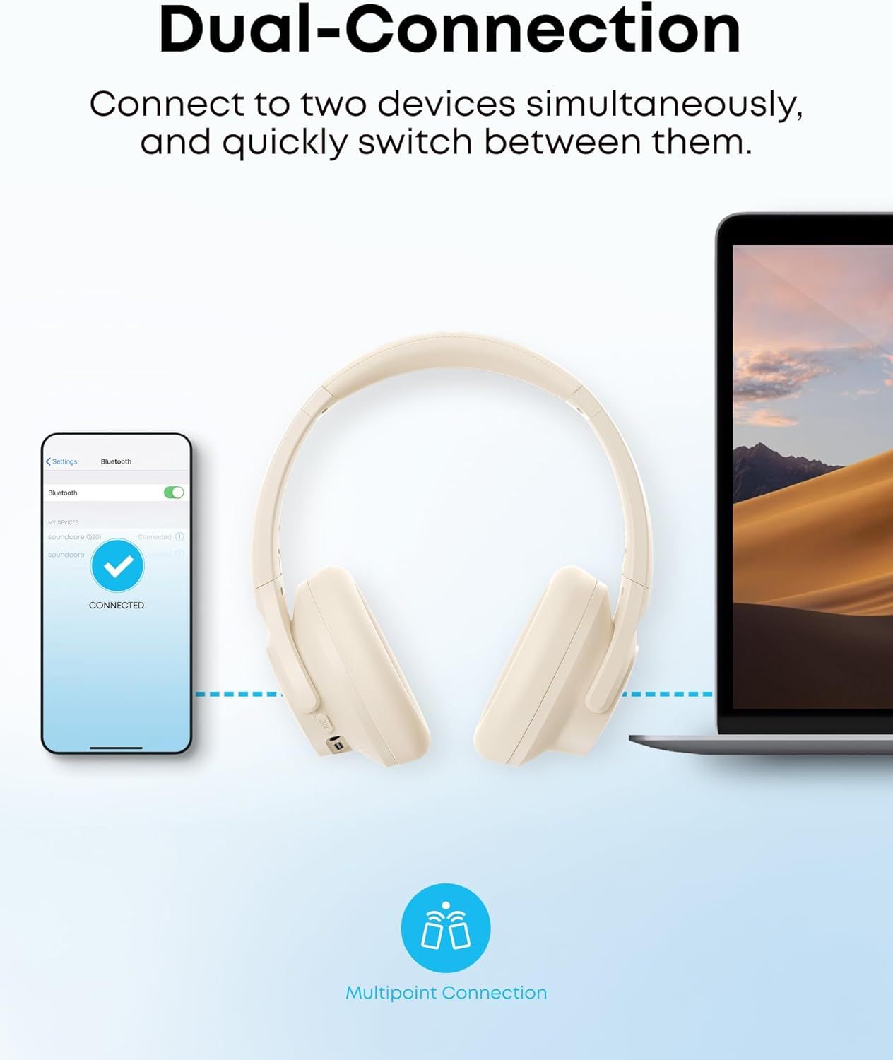 Communicates that the headphones can connect to two devices simultaneously and allow quick switching between them, emphasizing convenience and versatility for multi-device users.