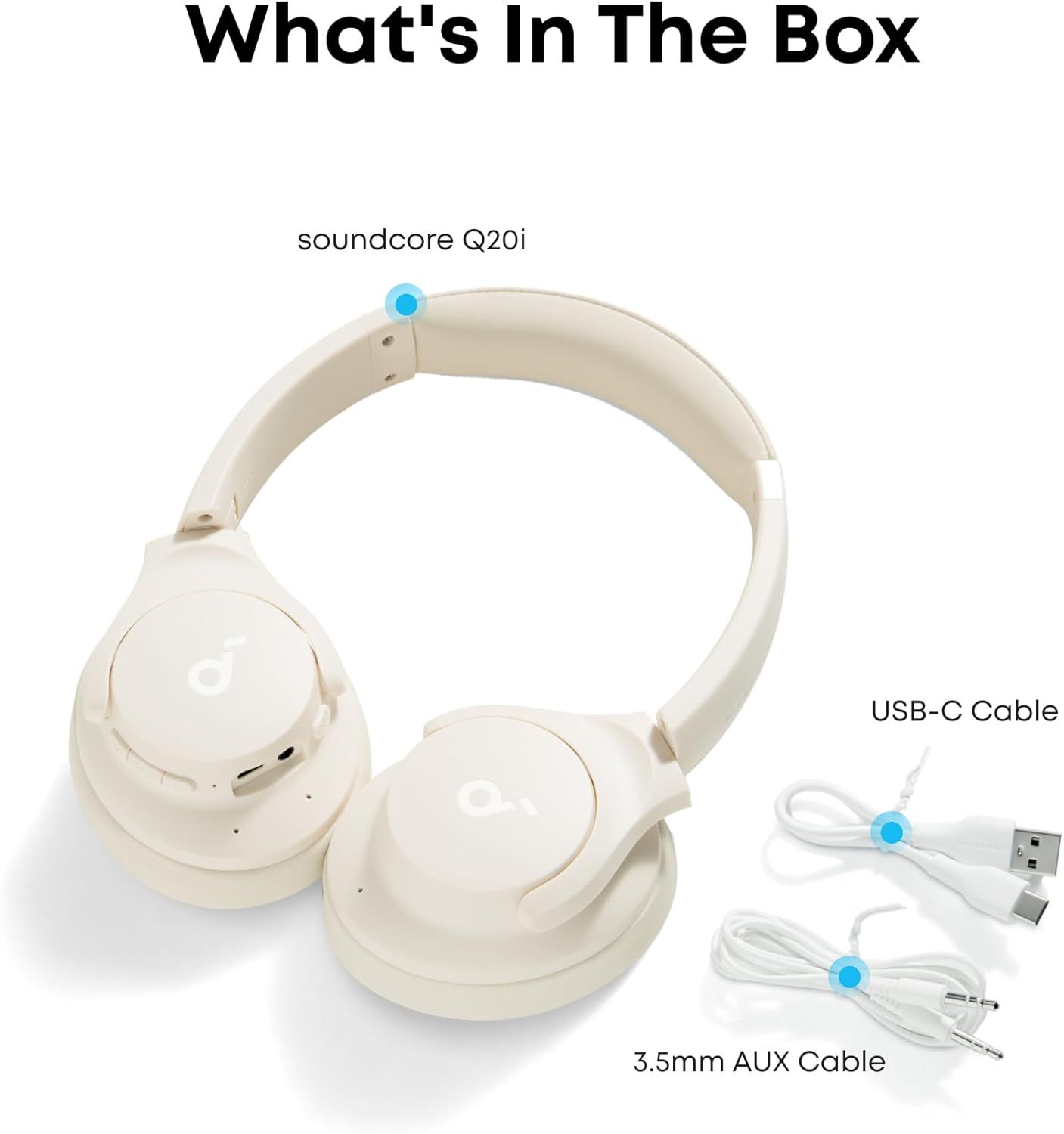 Shows the customer everything included in the purchase: the soundcore Q20i headphones, USB-C charging cable, and 3.5mm AUX cable, providing clarity on what they will receive.