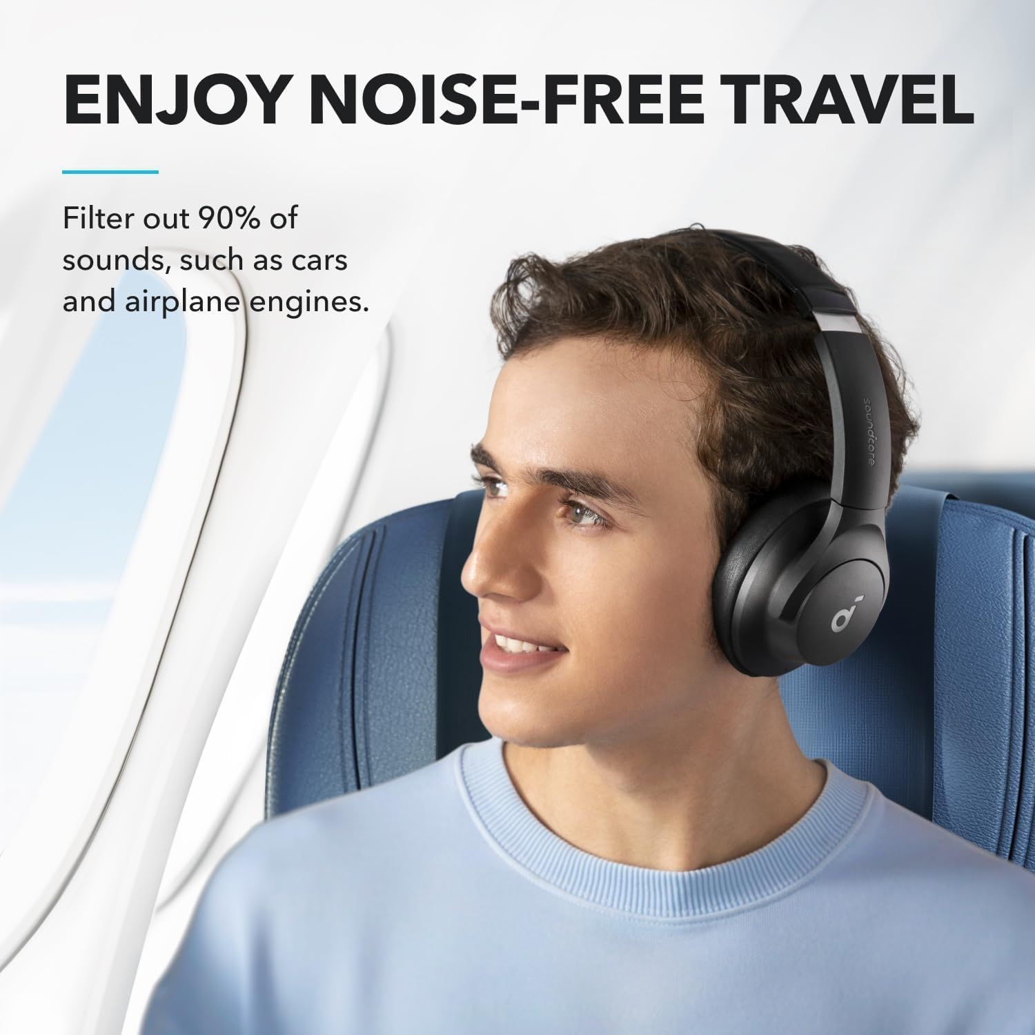 Communicates the headphones' noise-cancellation performance with a quantifiable stat (90% sound filtering) to reassure travelers they'll experience quiet, peaceful journeys. Highlights the core…
