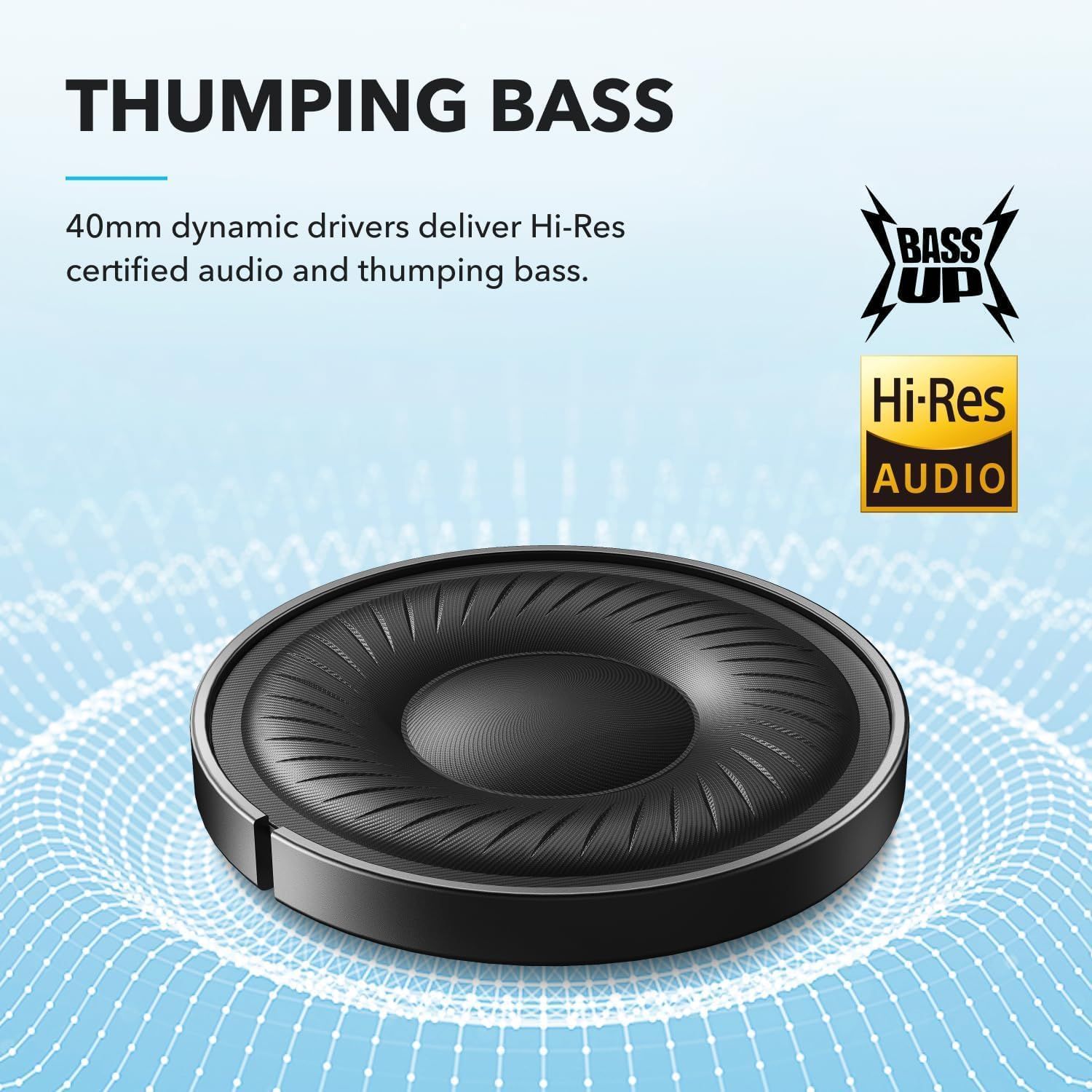 Highlights the product's superior audio quality with 40mm dynamic drivers that deliver Hi-Res certified audio and powerful bass performance. Emphasizes the technical specification of 40mm drivers as…
