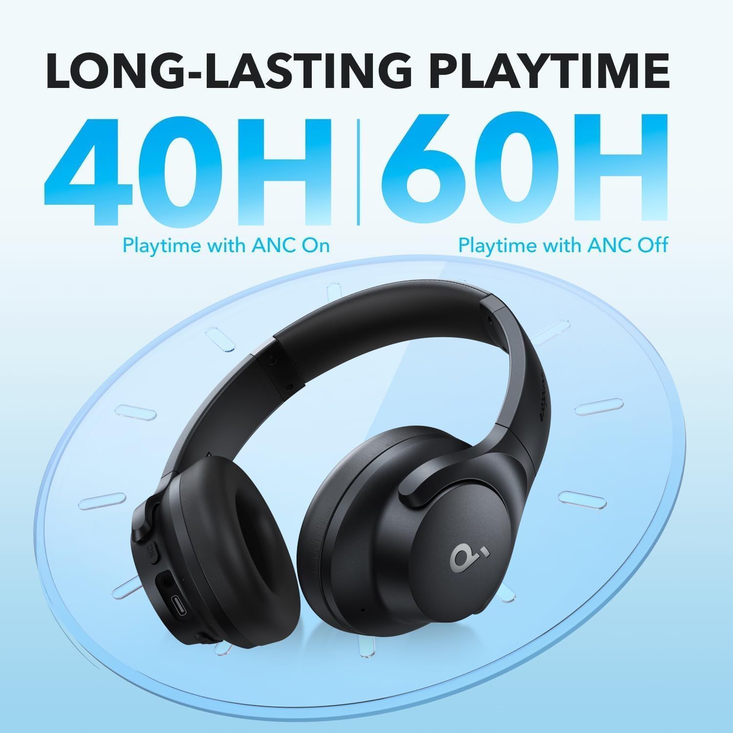 Communicates the impressive battery performance of the headphones, showing 40 hours with ANC on and 60 hours with ANC off to reassure shoppers of extended usage without frequent recharging.…