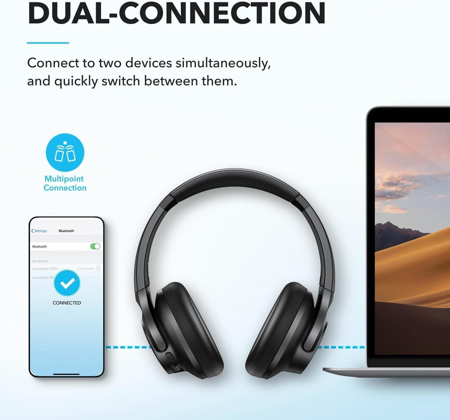 Communicates that the headphones can connect to two devices simultaneously and allow quick switching between them, emphasizing convenience and versatility for multi-device users.