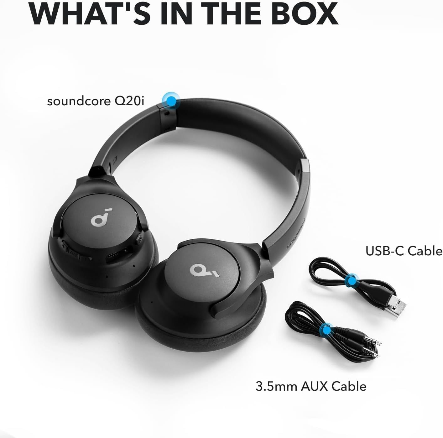 Shows the customer everything included in the purchase: the soundcore Q20i headphones, USB-C charging cable, and 3.5mm AUX cable, providing clarity and reassurance about what they will receive.
