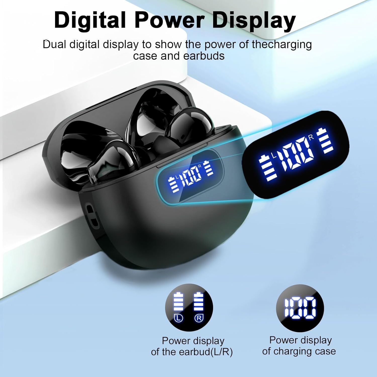 Highlights the dual digital display feature that shows battery levels for both the charging case and individual earbuds, reassuring shoppers they can easily monitor power status.