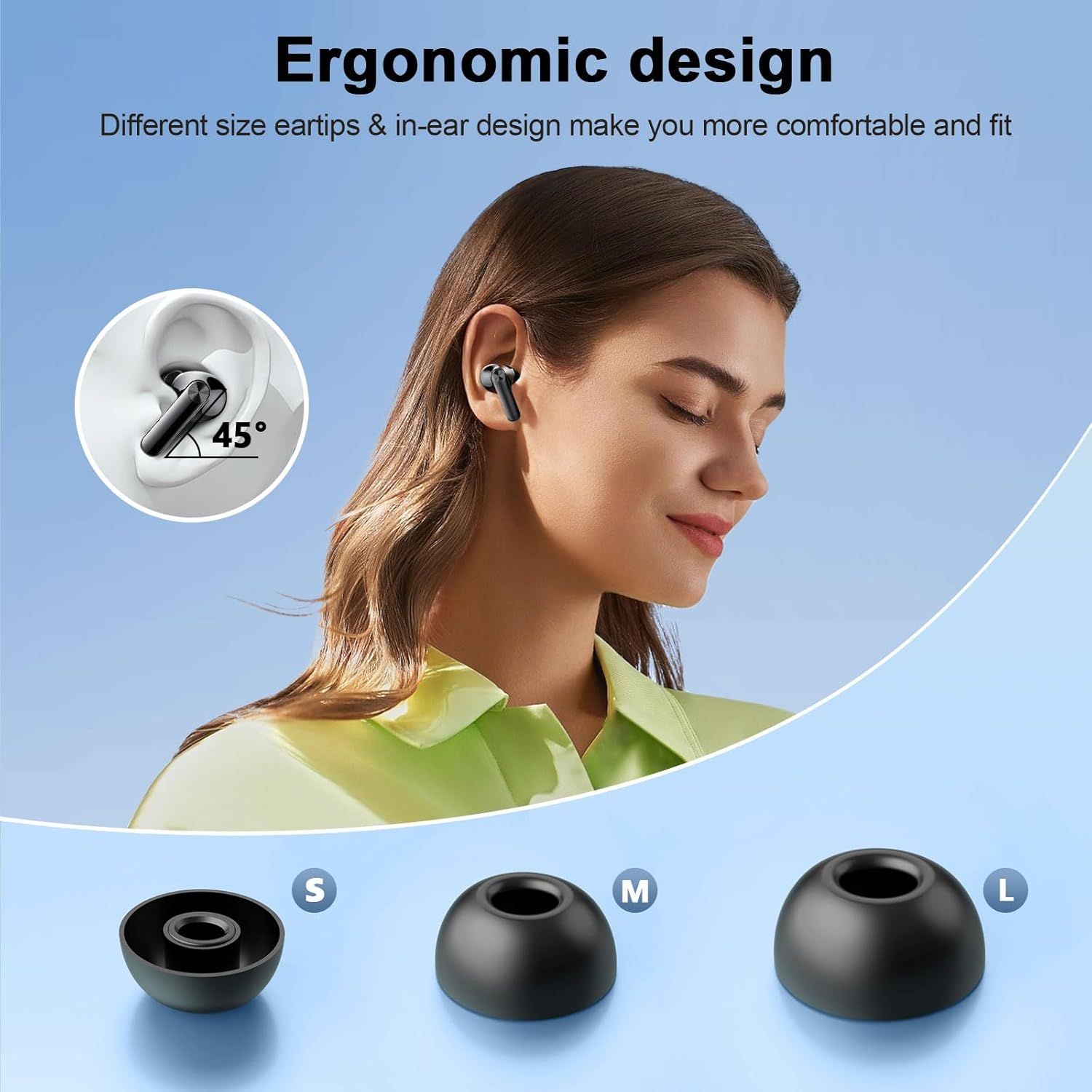 Highlights the ergonomic design features of the earbuds, including the 45-degree angle for comfortable fit and the inclusion of different sized eartips to accommodate various ear sizes. Communicates…