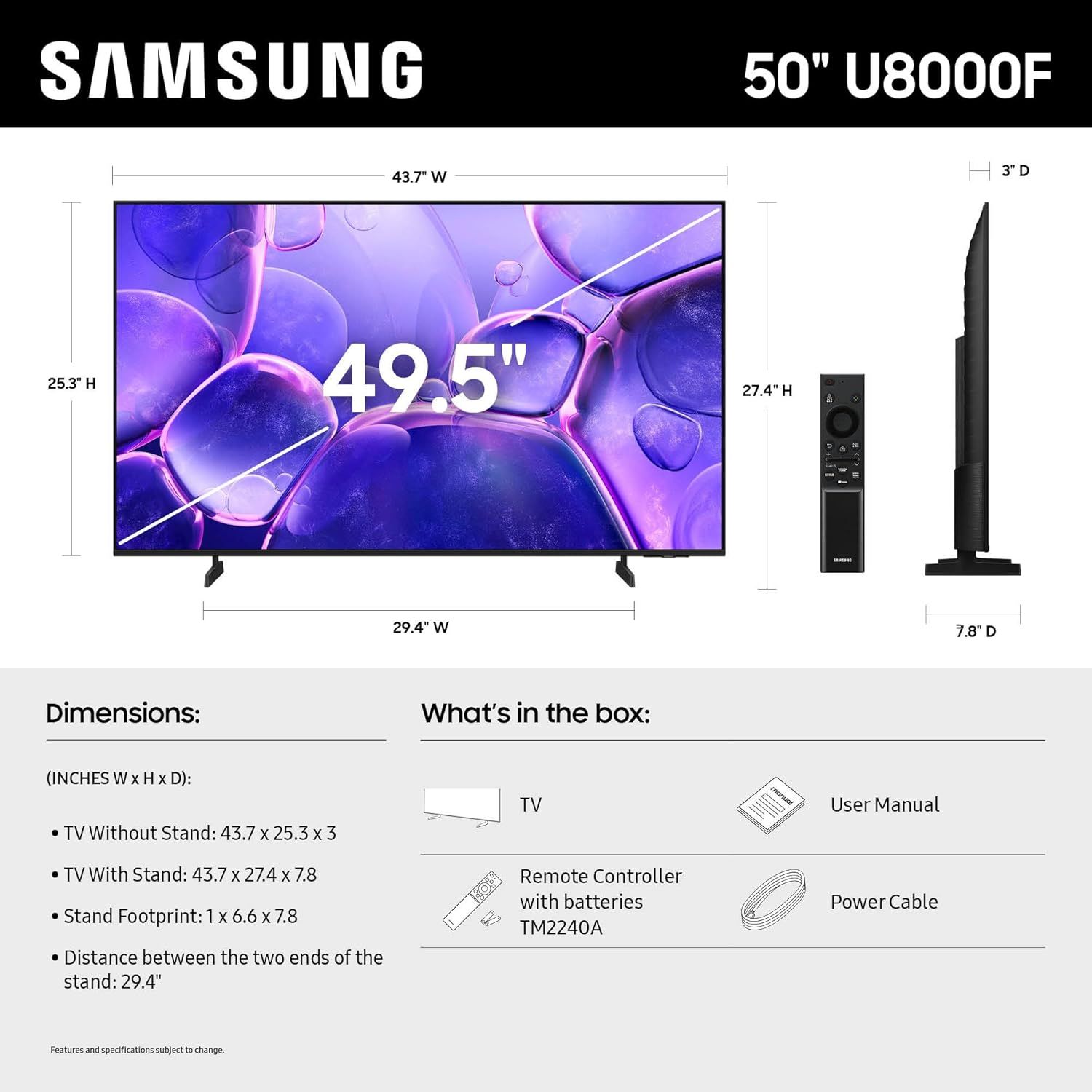Provides exact physical measurements of the TV (width, height, depth) with and without stand, helping shoppers understand the product's size and space requirements for placement. Shows everything…