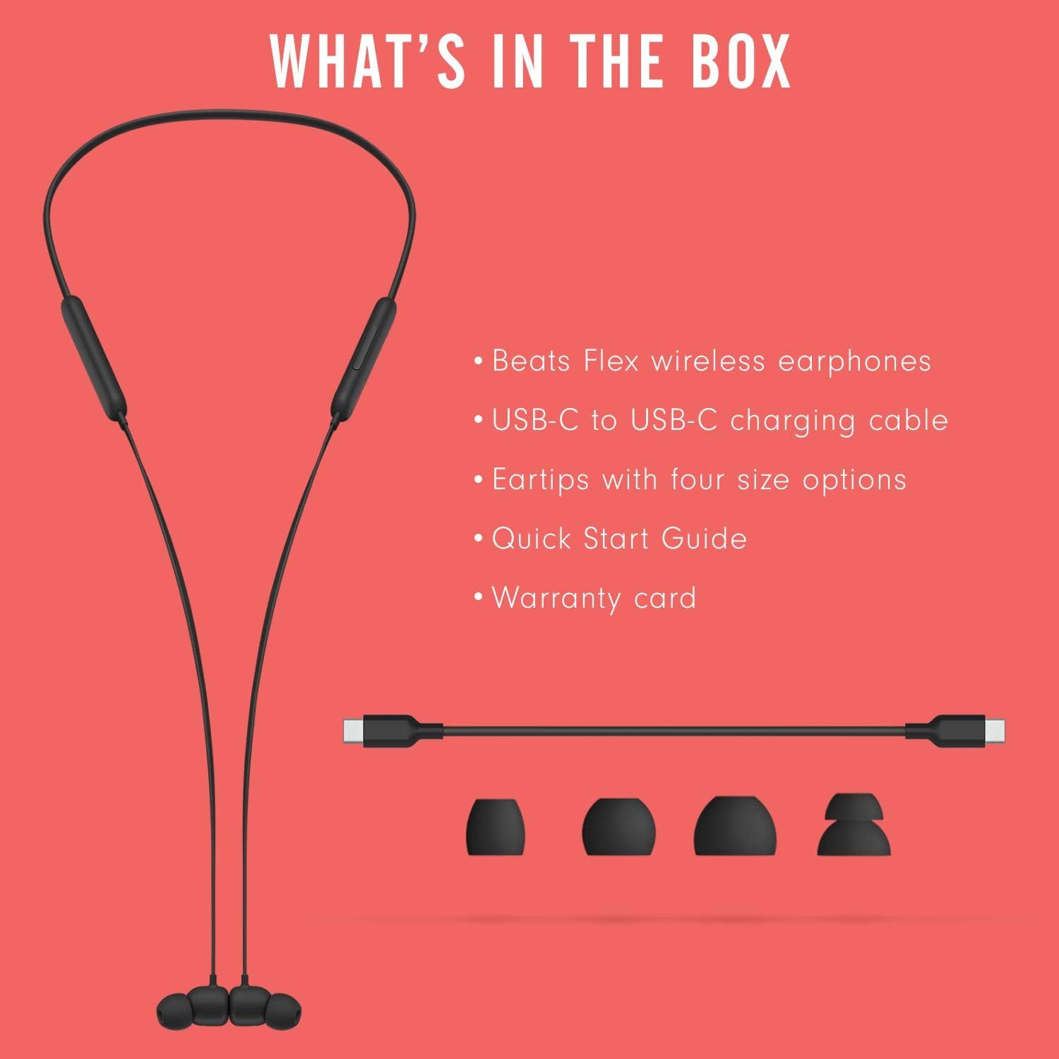 Shows the customer everything included in the box with their purchase, providing transparency and reassurance about what accessories and documentation come with the Beats Flex wireless earphones.