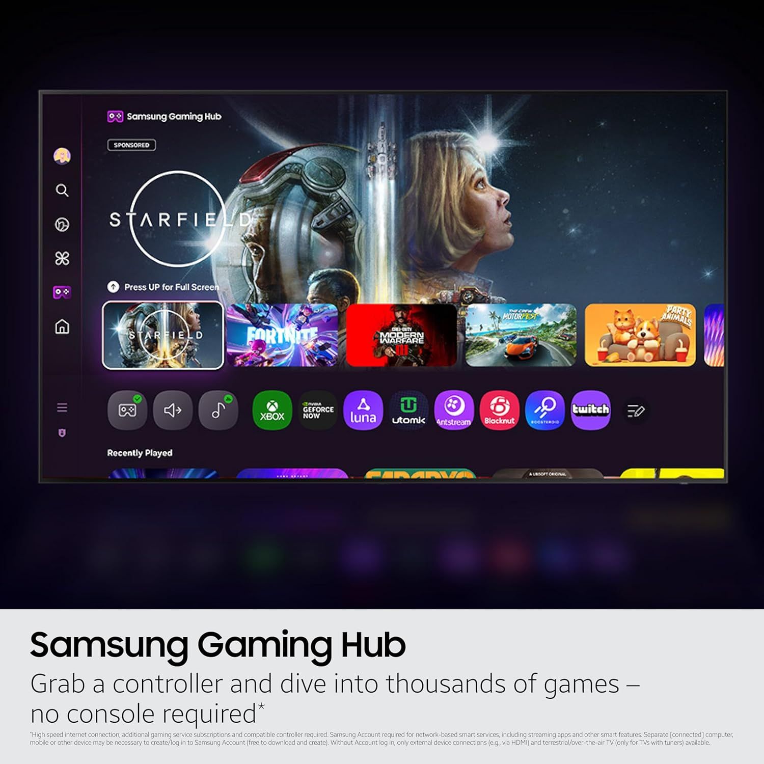 Demonstrates the Samsung Gaming Hub's user interface and game library access, emphasizing the convenience of playing thousands of games without needing a console.