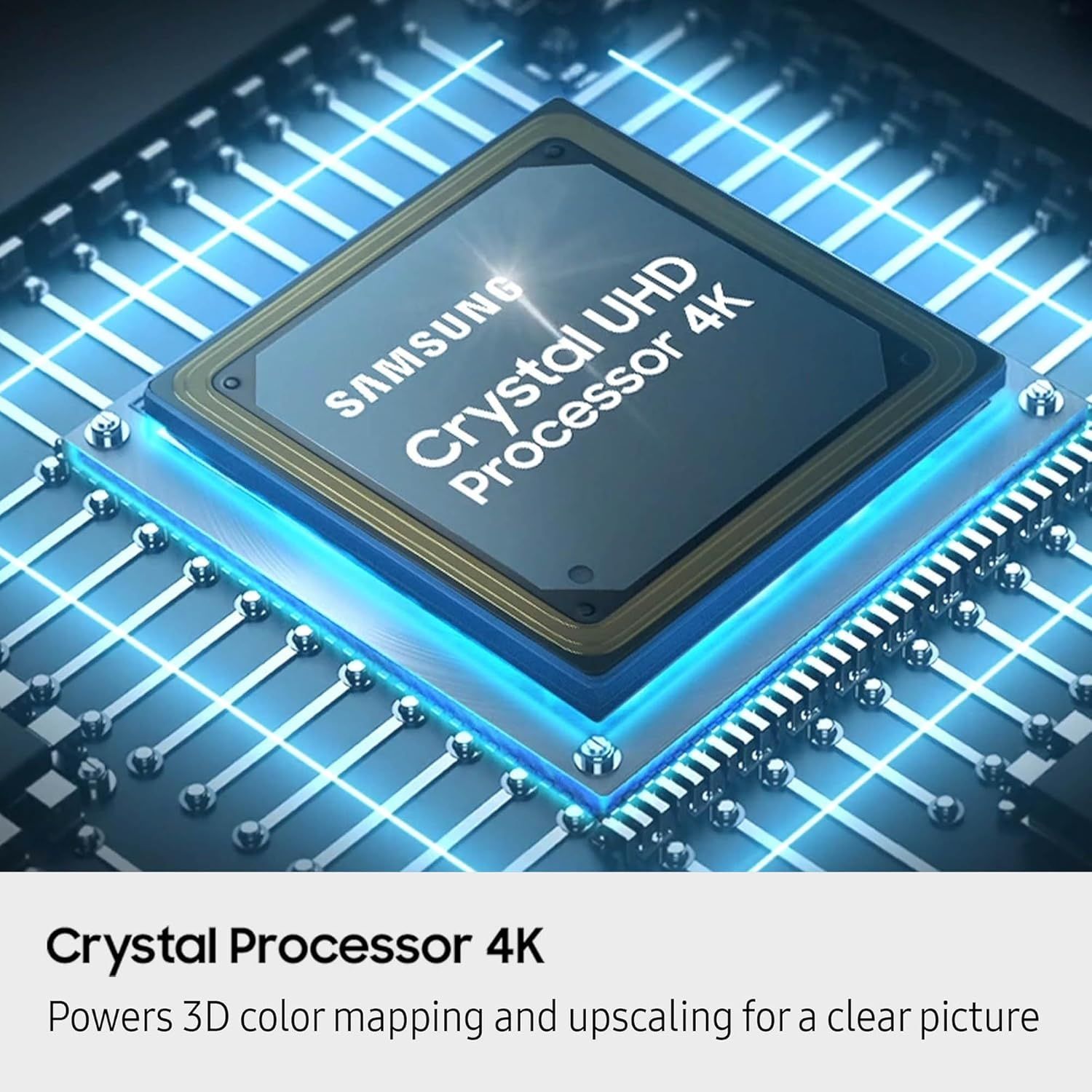 Highlights the advanced Crystal Processor 4K technology to reassure shoppers that the TV delivers superior picture quality through 3D color mapping and upscaling capabilities.