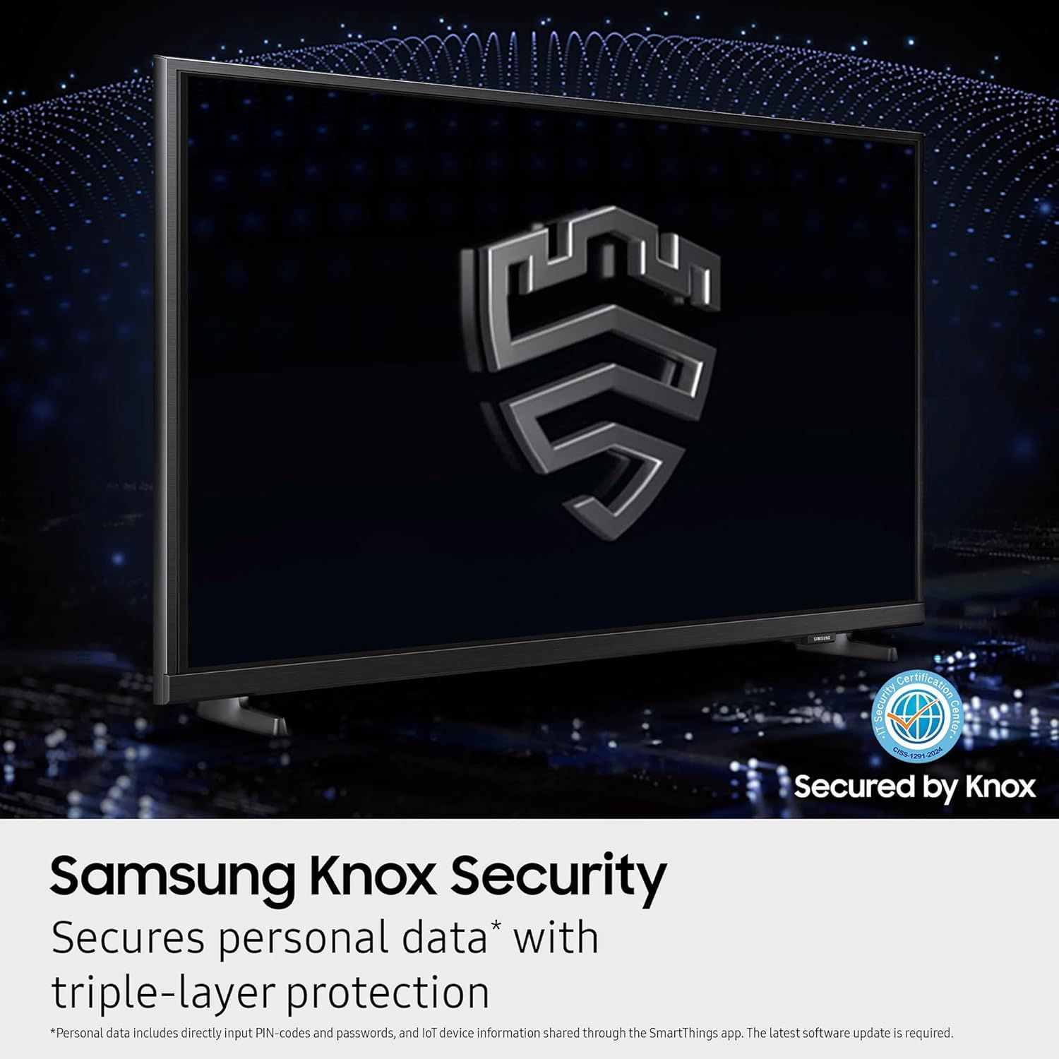 Communicates that the product features Samsung Knox Security technology to protect personal data with triple-layer protection, reassuring shoppers about privacy and security. Highlights the single…