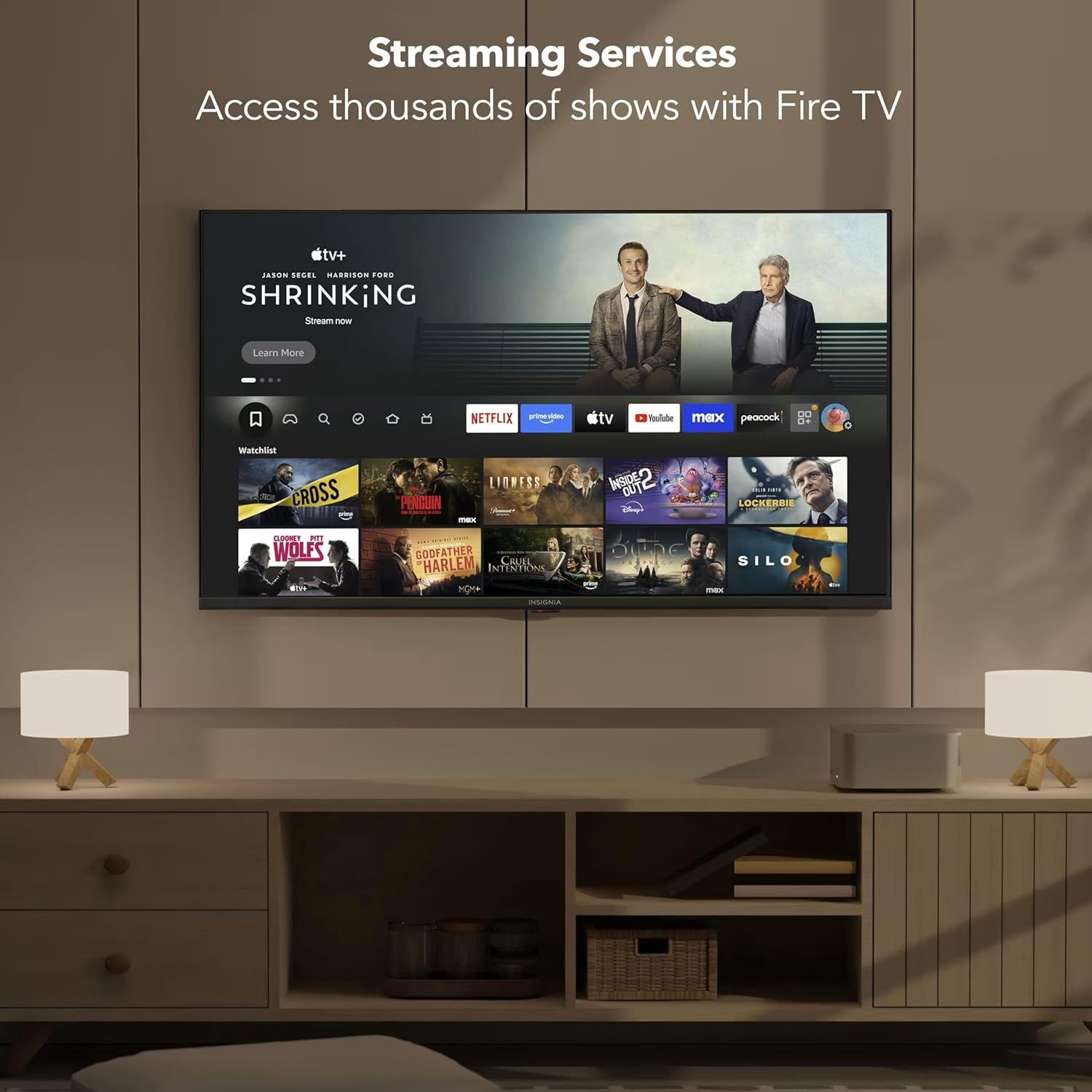 Demonstrates the Fire TV's compatibility with multiple streaming platforms (Netflix, Prime Video, Apple TV+, YouTube, Max, Peacock, etc.) to reassure shoppers they can access all their favorite…