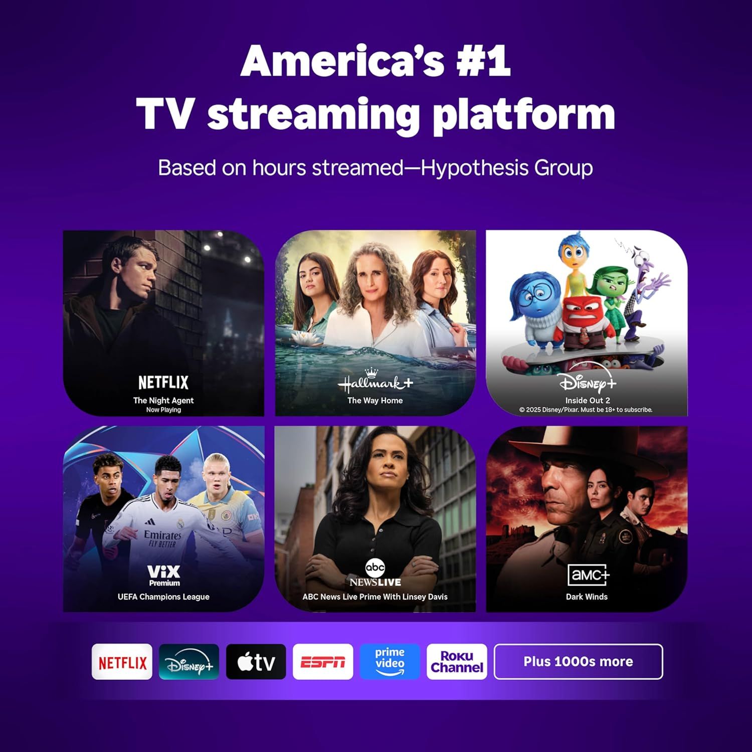 Communicates brand superiority and showcases the breadth of content available across multiple streaming platforms (Netflix, Disney+, Hallmark+, etc.) to position the service as the leading aggregator.