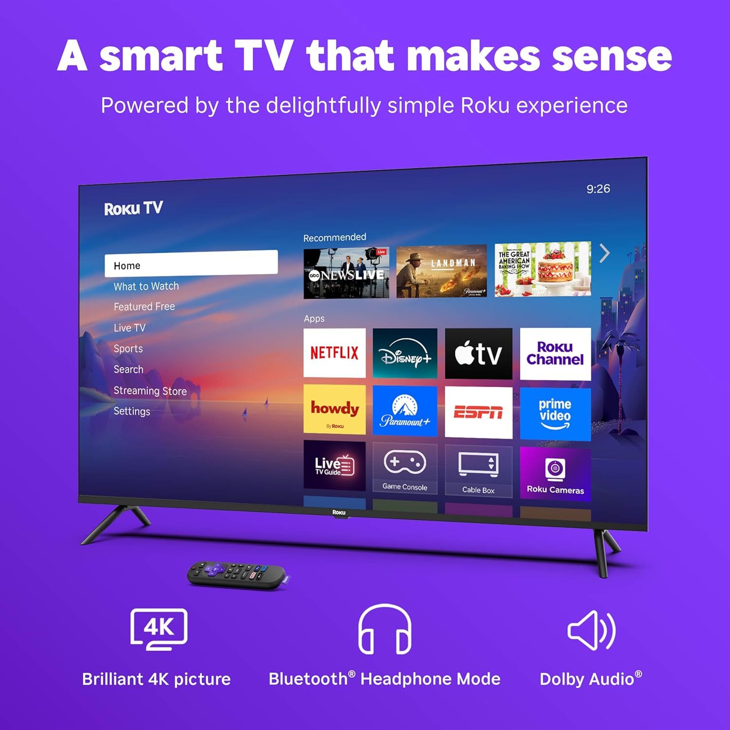 Communicates multiple key selling benefits of the Roku TV including picture quality, audio features, and user interface simplicity to demonstrate comprehensive value.