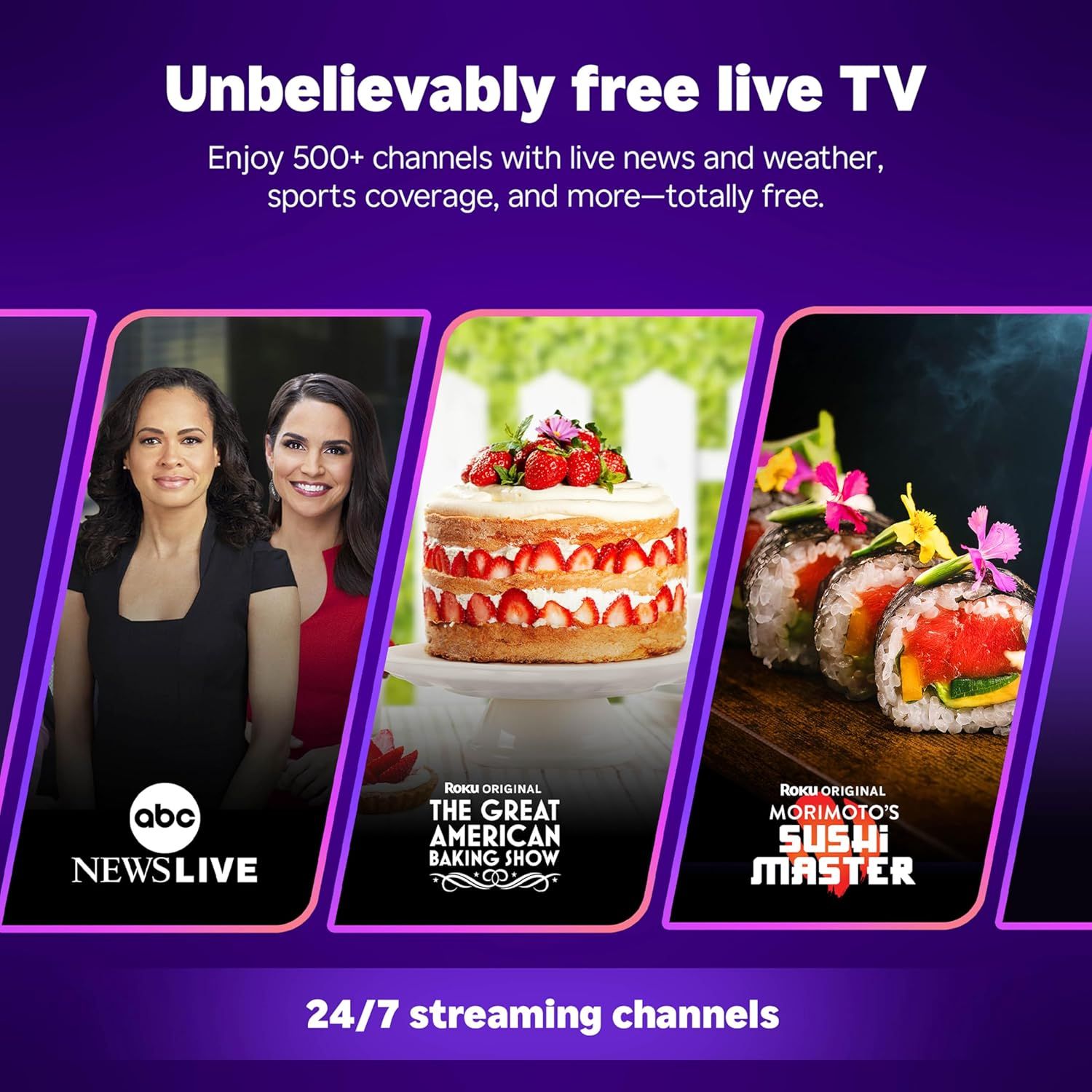 Communicates the extensive content offering (500+ channels) and continuous availability (24/7 streaming) to demonstrate the value and breadth of the free TV service. Showcases the variety of…