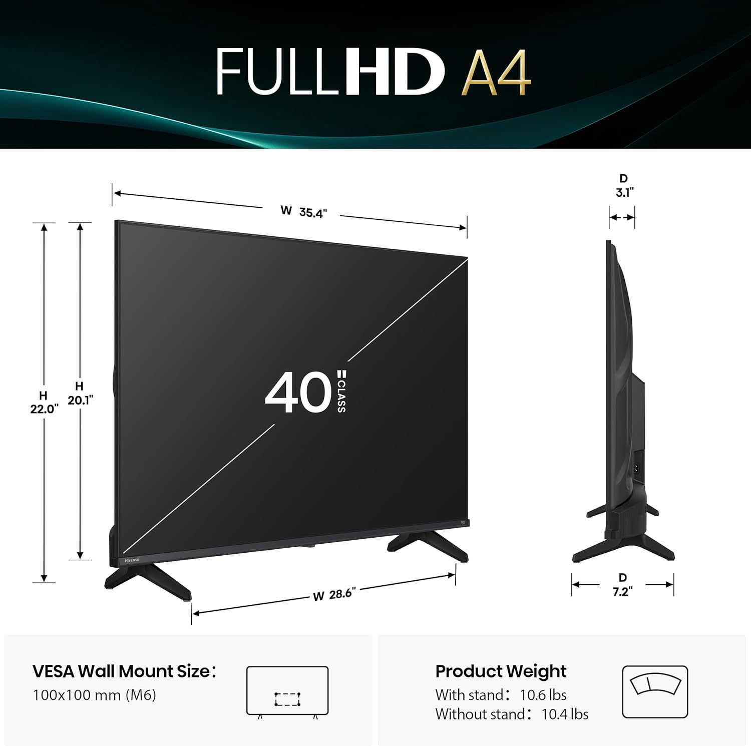 Provides detailed physical measurements of the TV including height, width, depth, diagonal screen size, and weight to help shoppers understand the exact size and ensure it fits their space.