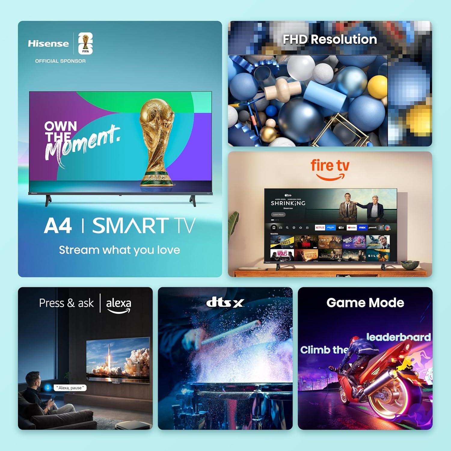 This image showcases multiple distinct features and benefits of the Hisense A4 Smart TV in a visually segmented grid layout, highlighting streaming capabilities, display quality, voice control,…