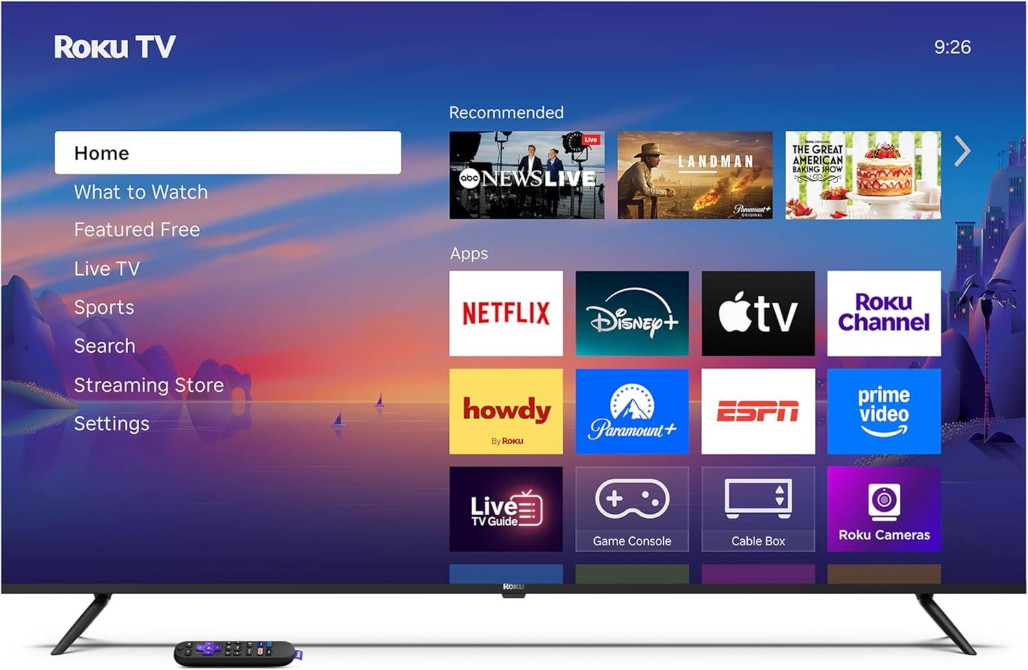 Shows the Roku TV interface and physical product in a clean, catalog-style presentation to help shoppers understand what the product looks like and its user interface.