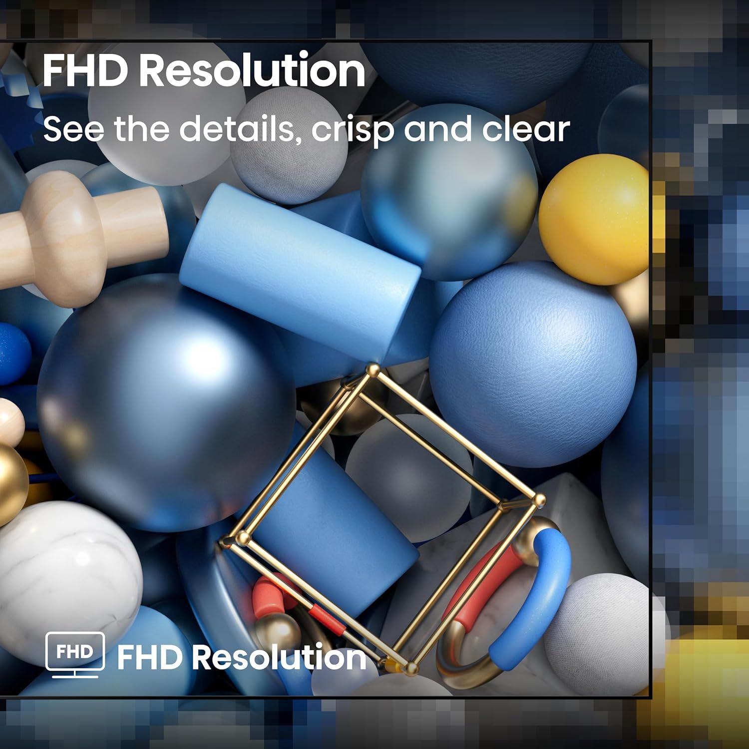 Communicates that the product offers Full HD resolution, allowing shoppers to see crisp, clear, detailed visuals. The split-screen comparison reinforces the superior image quality.