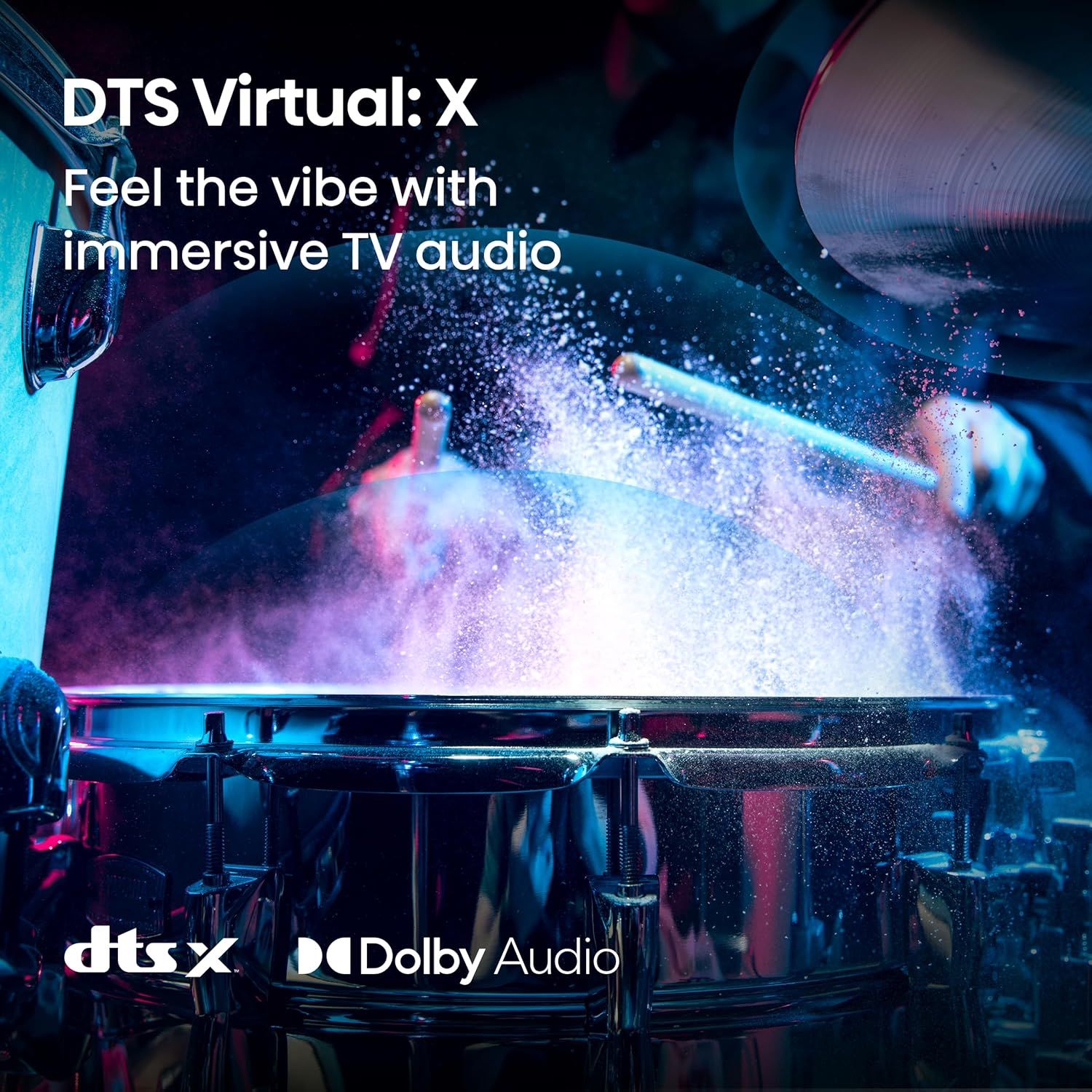 Communicates the product's immersive audio technology (DTS Virtual:X) to convey a premium, cinematic sound experience that enhances TV viewing.
