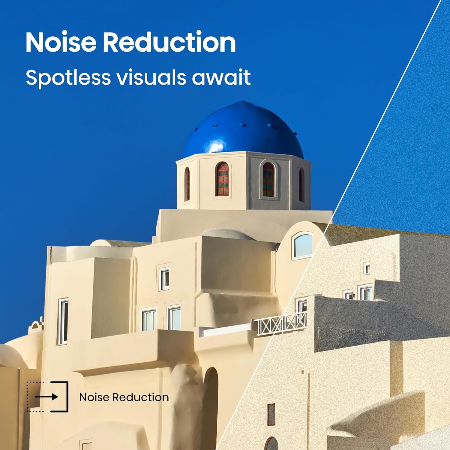 Demonstrates the product's noise reduction capability by showing a visual transformation from a noisy/grainy image to a clean, spotless result.