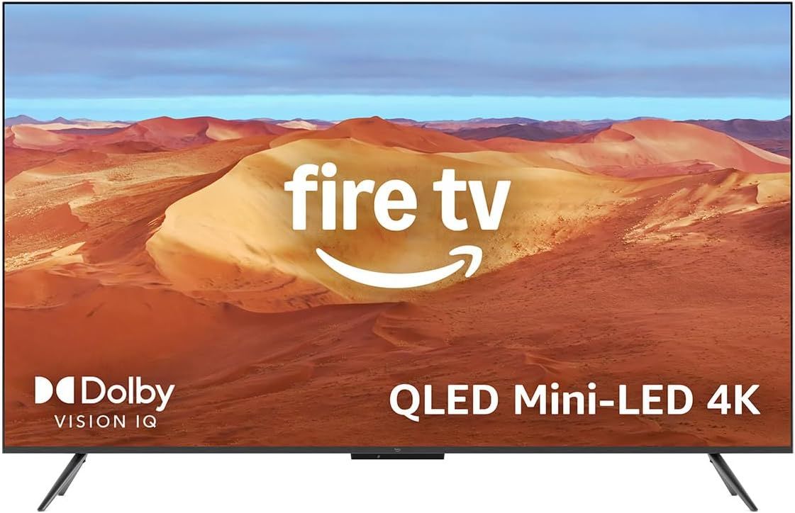 Communicates the Fire TV brand identity and key premium technology features (Dolby Vision IQ, QLED Mini-LED 4K) to establish brand recognition and position the product as a high-quality…