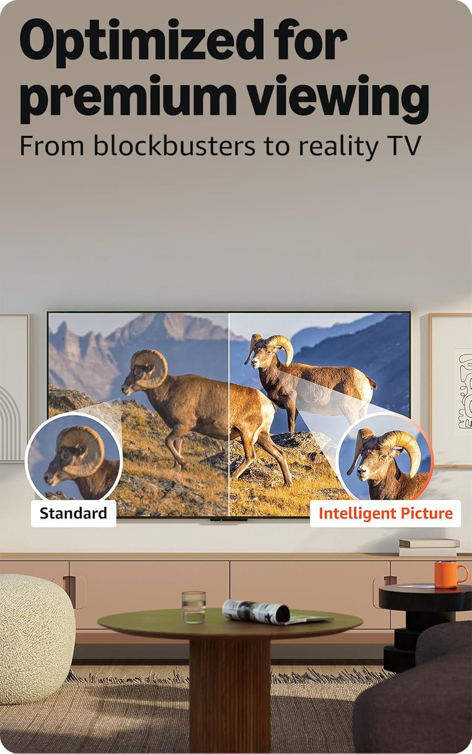Demonstrates the superior picture quality of the product's 'Intelligent Picture' mode compared to standard viewing, reassuring shoppers that they will experience premium, optimized visual clarity…