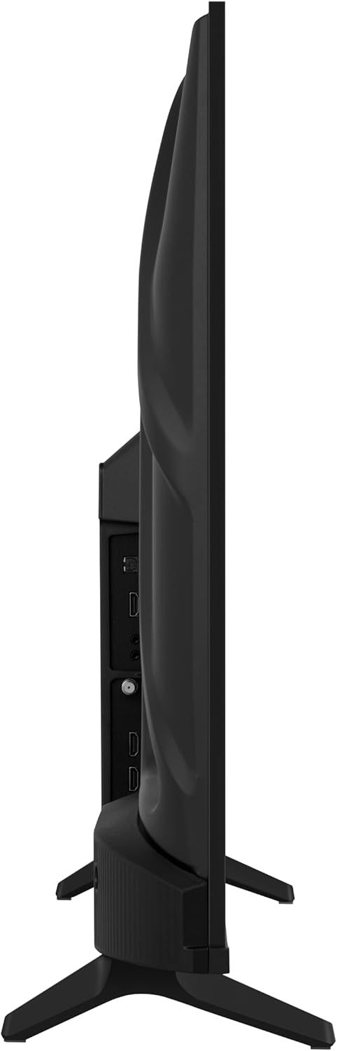 Provides a clean side-profile view of the TV to show its slim design, port placement, and stand configuration for shoppers evaluating the product's physical appearance and connectivity options.