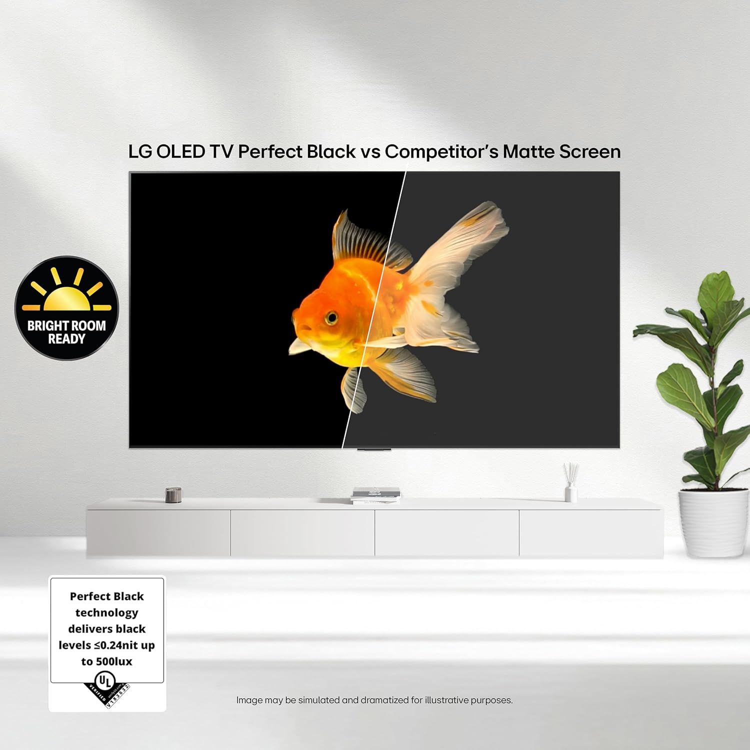 Demonstrates the superior black level and contrast performance of the LG OLED TV compared to a competitor's matte screen, showing how the LG delivers true blacks while the competitor appears washed…