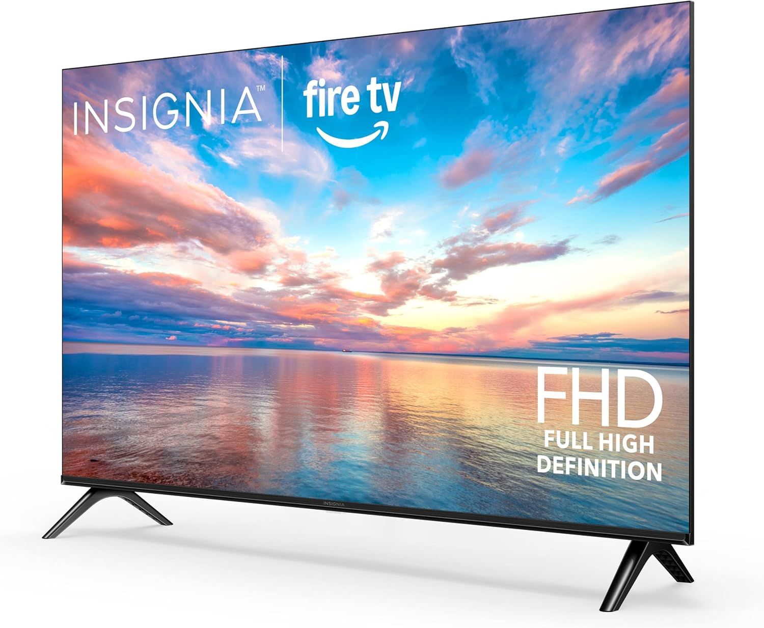 Communicates the brand partnership between INSIGNIA and Fire TV, while highlighting the Full High Definition display capability to reassure shoppers about picture quality and smart TV functionality.