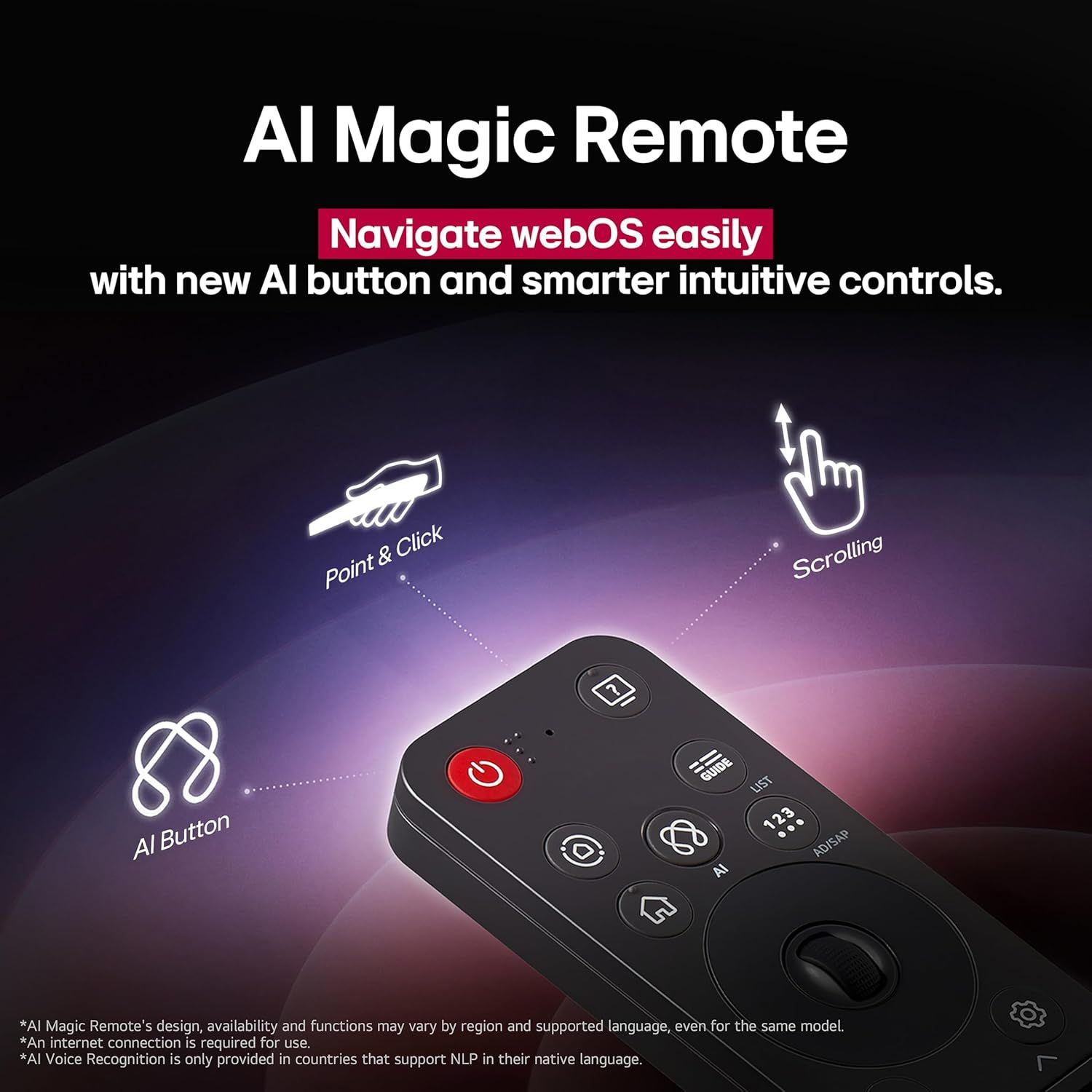 Highlights the physical features and control methods of the AI Magic Remote, showing shoppers how the remote's buttons and gestures enable easy navigation of webOS. Communicates that the AI Magic…