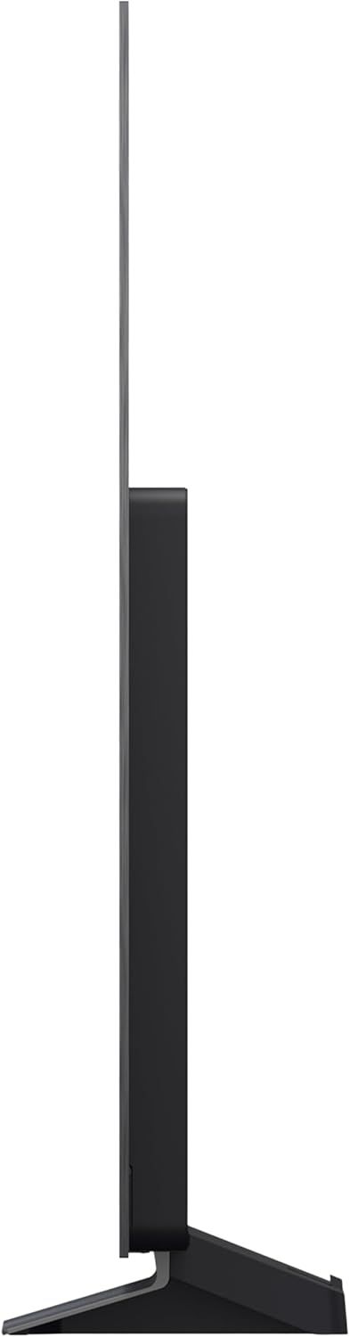 Provides a clean side profile view of the TV to show its slim design and stand configuration, helping shoppers understand the physical form factor and footprint.