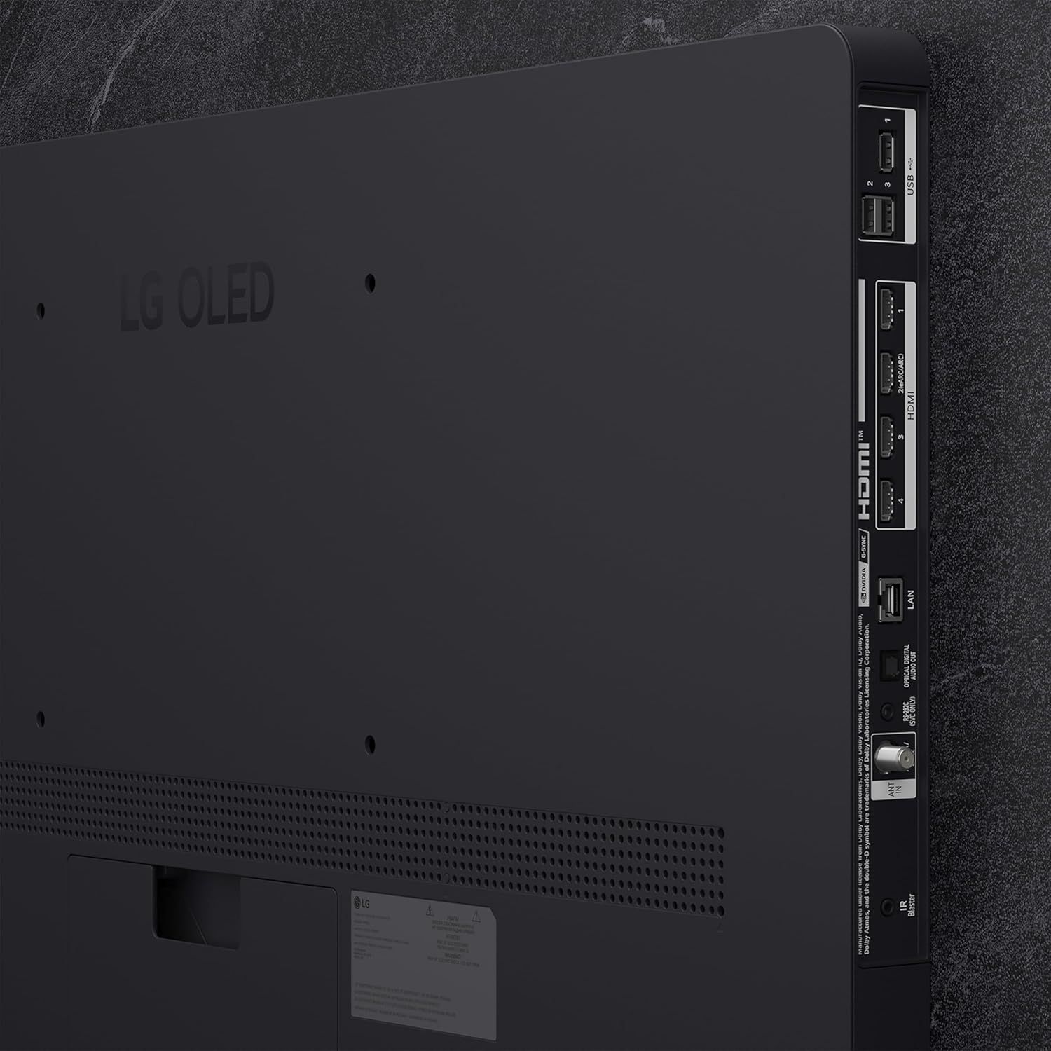 Shows the back panel of the LG OLED TV with all available ports and connections, helping shoppers understand the connectivity options and technical specifications of the product.