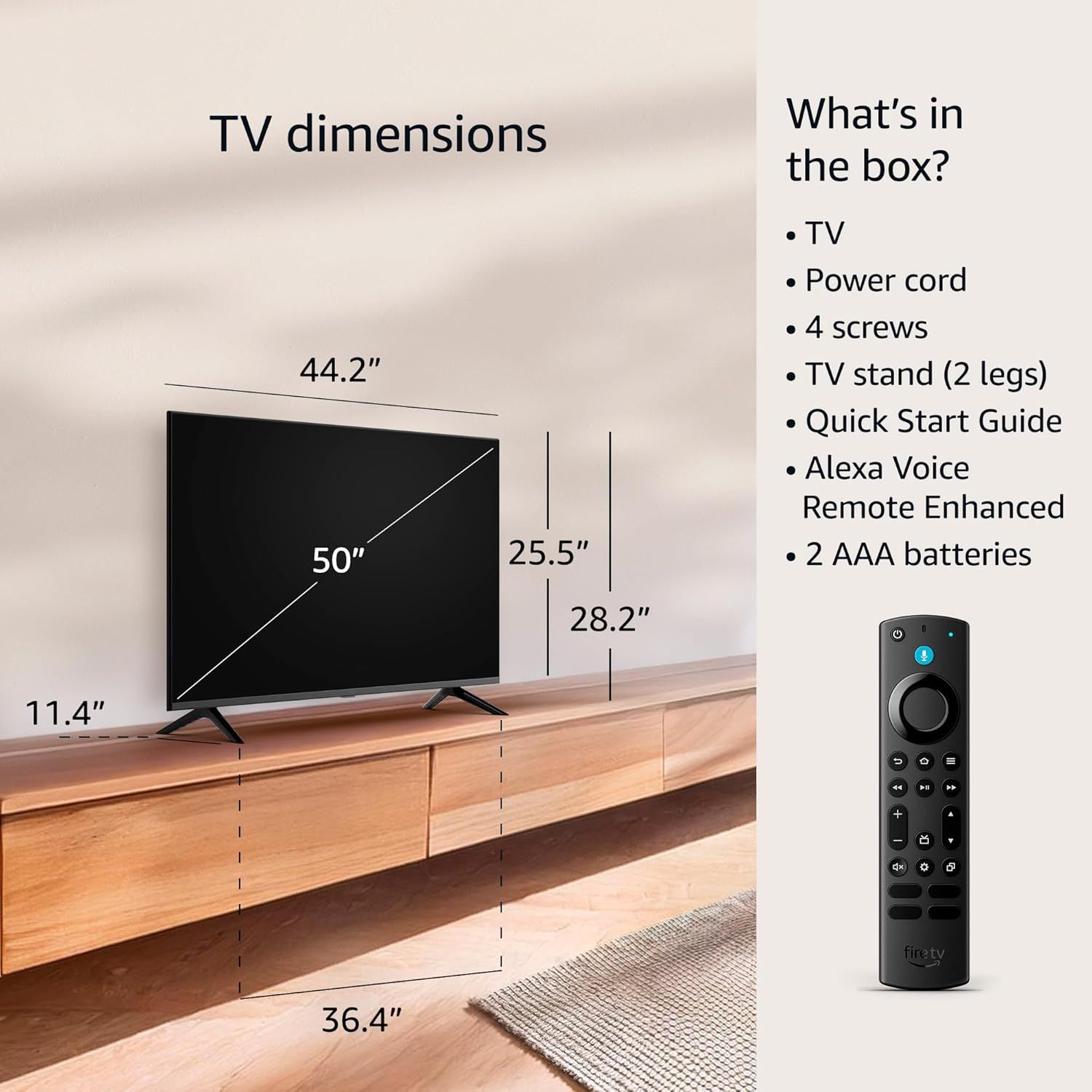 Provides exact physical measurements of the TV (50-inch diagonal, 44.2-inch width, 25.5-inch height, 11.4-inch stand height, 36.4-inch stand width) to help shoppers understand the product's size and…