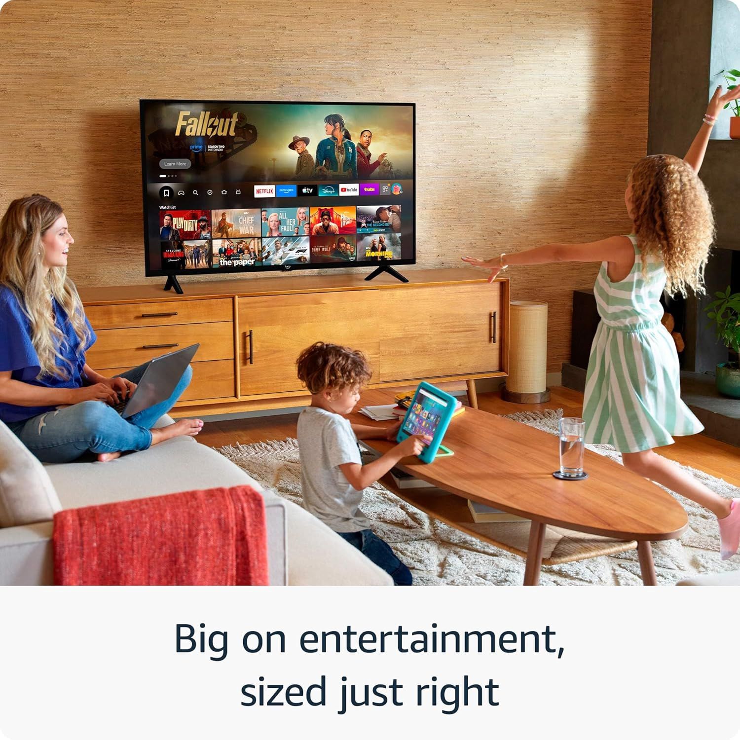 Communicates that the TV offers a balanced size that fits well in typical home environments while still delivering an immersive entertainment experience for the whole family.