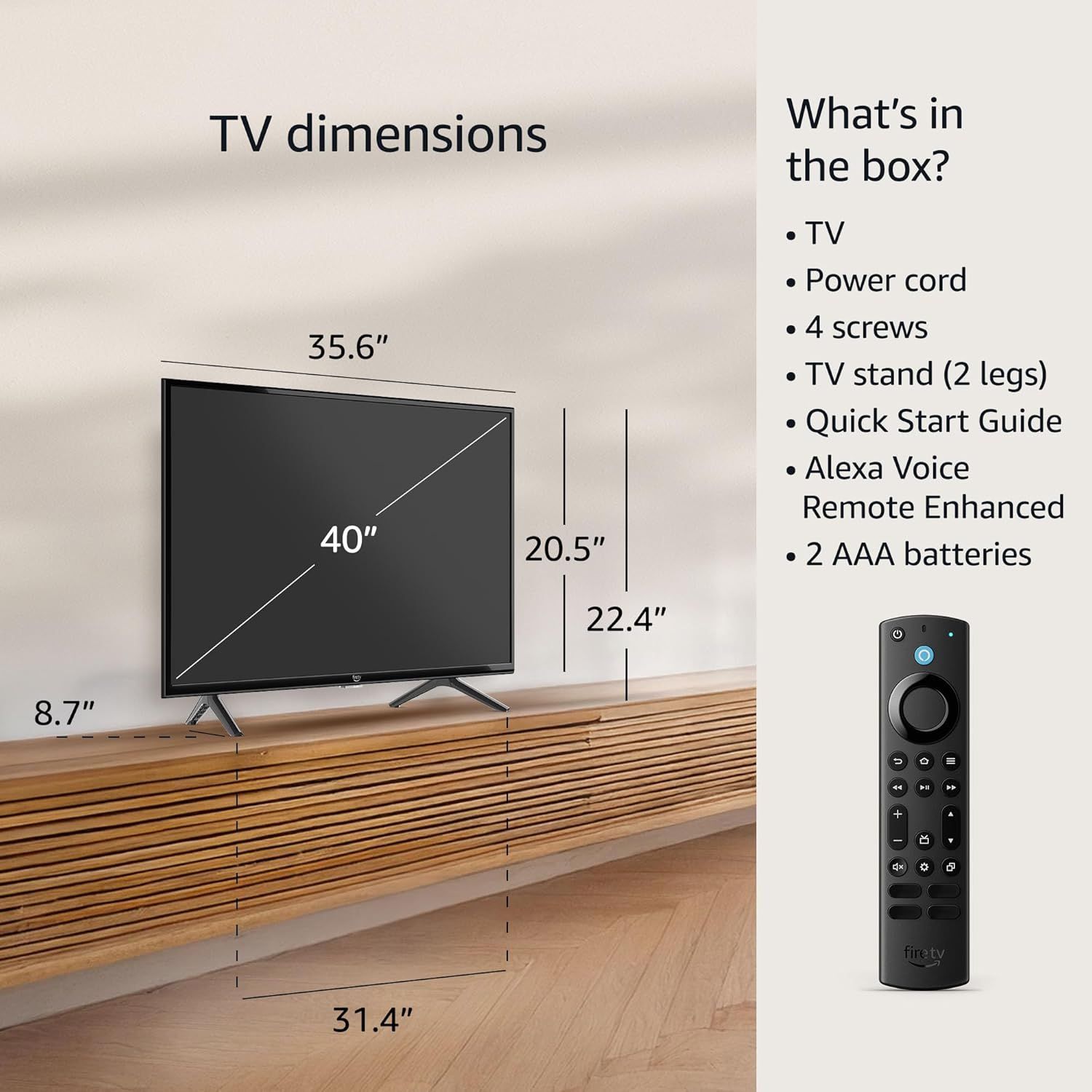 Provides exact physical dimensions of the TV (width, height, depth, diagonal screen size) to help shoppers understand the product's size and ensure it fits their space. Shows everything included in…