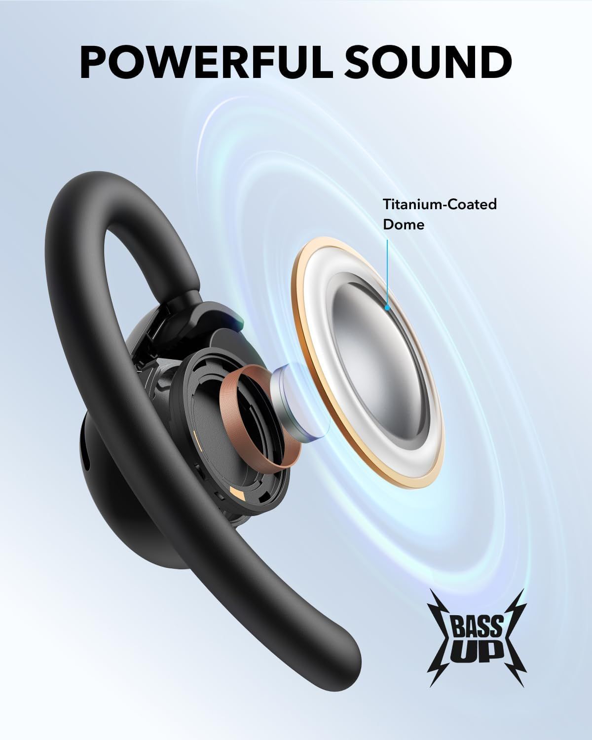Highlights the internal speaker components and titanium-coated dome to communicate superior audio quality and premium engineering.