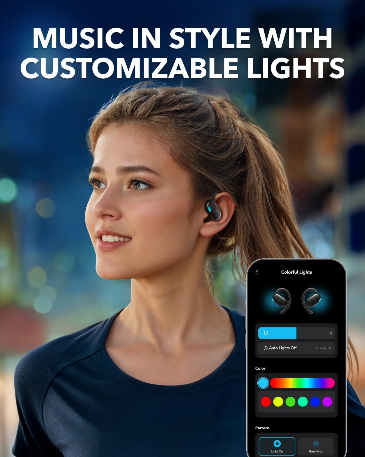 Highlights the earbuds' customizable lighting feature with app control, emphasizing personalization and style to appeal to shoppers who want both audio quality and aesthetic customization.