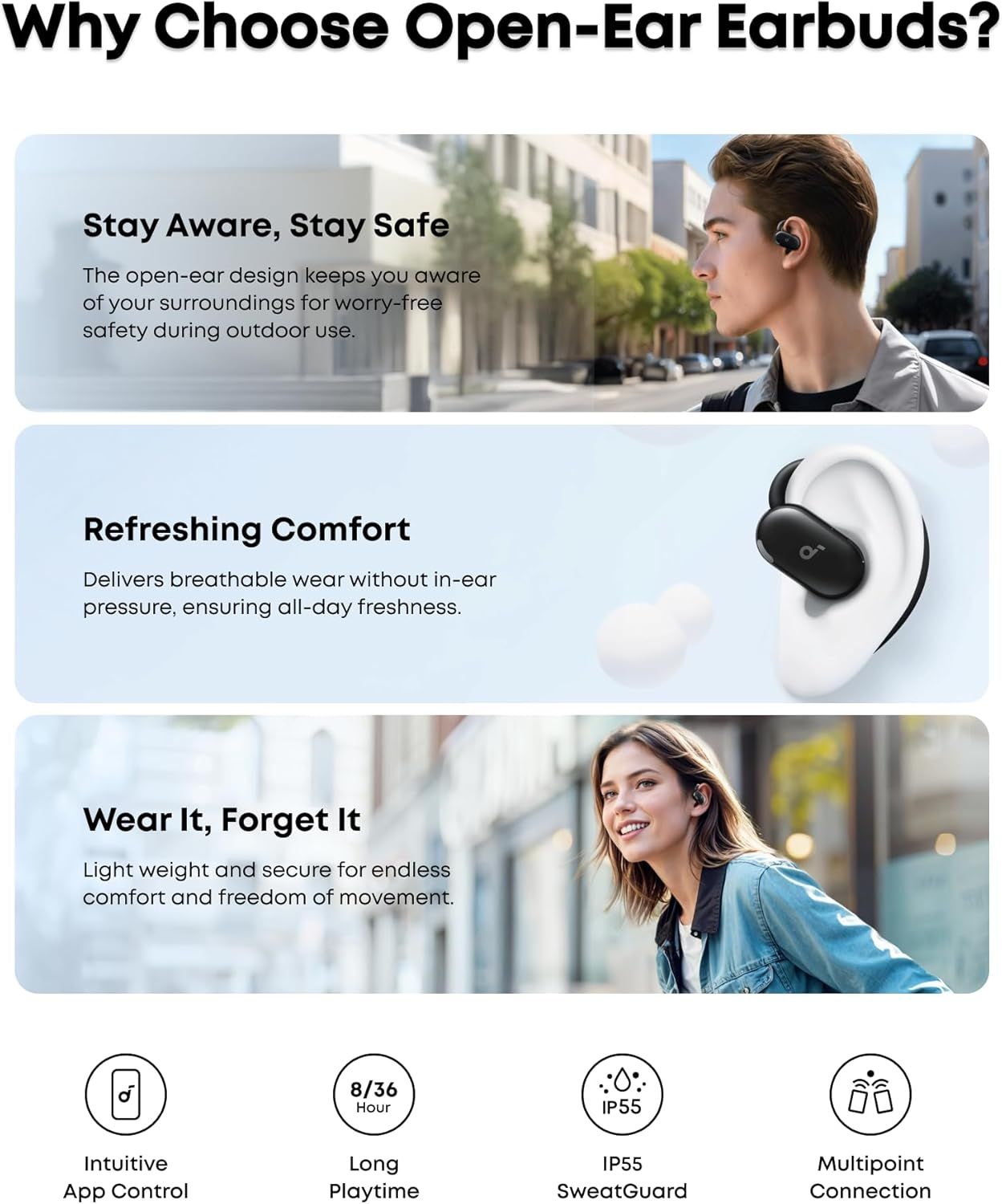 This image showcases multiple distinct benefits of open-ear earbuds through visually segmented panels, highlighting safety, comfort, lightweight design, and technical features to help shoppers…