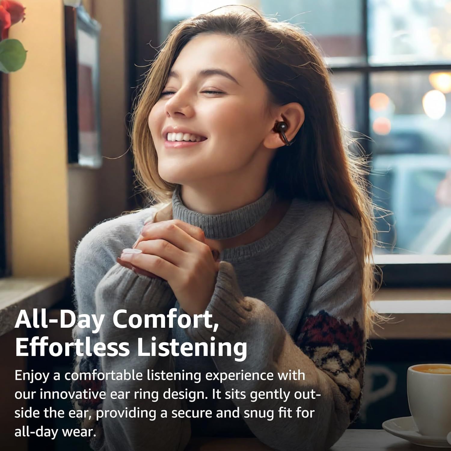 Communicates the comfort and secure fit of the earbuds' innovative ear ring design, reassuring shoppers that the product is comfortable for extended wear.